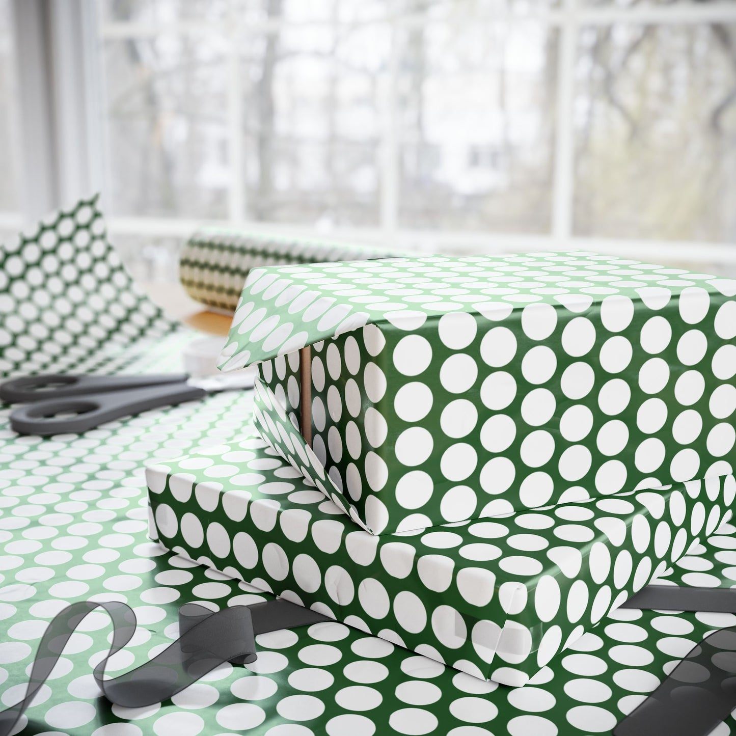 White Polka Dot on Green Wrapping Paper
