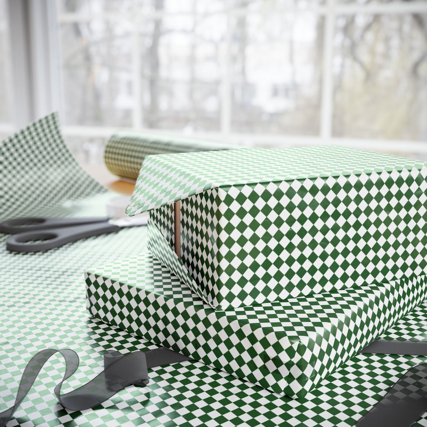 Green & White Argyle Christmas Wrapping Paper | Luxury Matte or Glossy Gift Wrap, 90gsm Fine Art Paper, 3 Sizes
