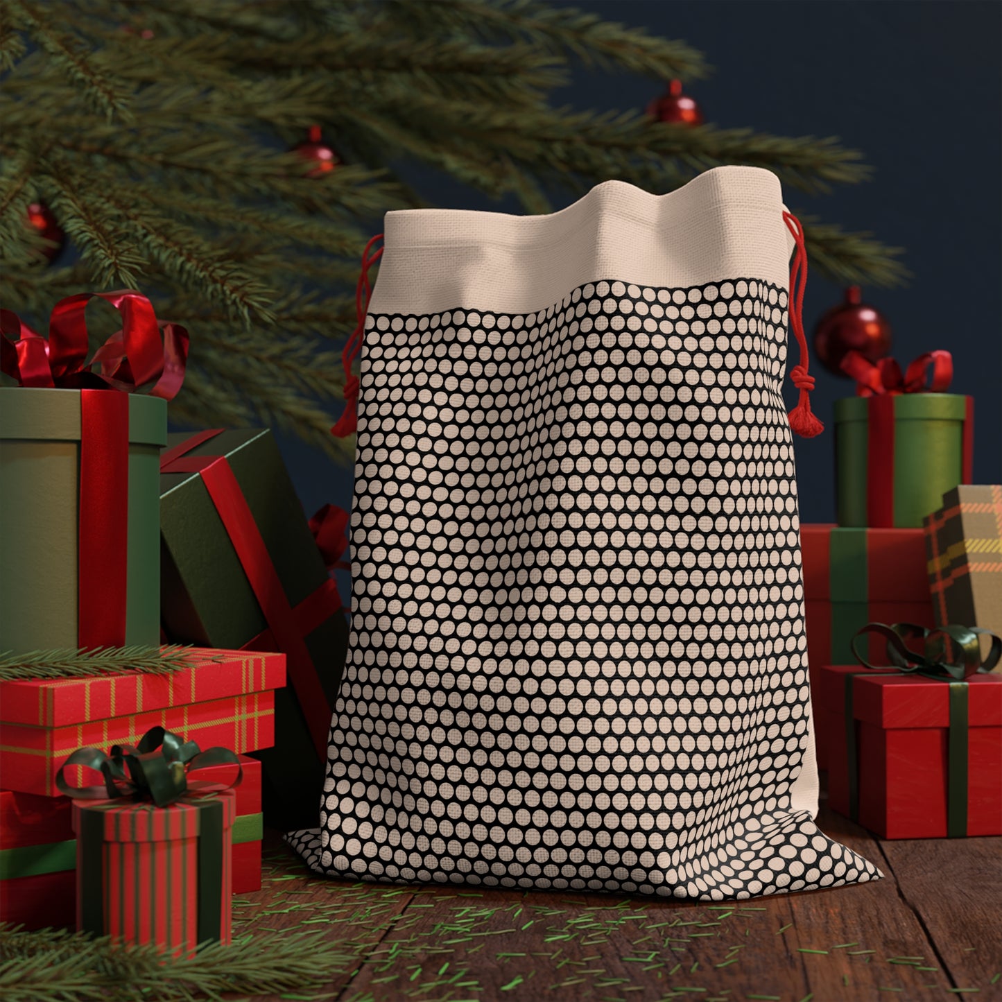 White (Natural) Polka Dot on Black Pattern Canvas Gift Bag | Reusable Drawstring Pouch