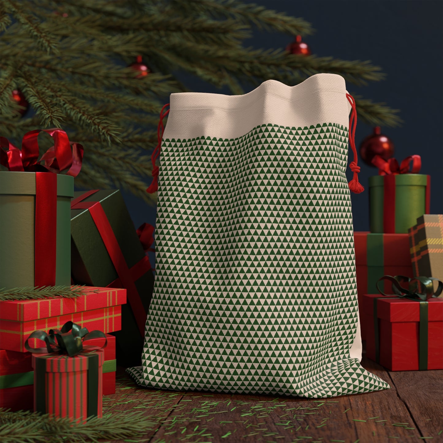 Green Triangles Pattern Canvas Gift Bag | Reusable Drawstring Pouch