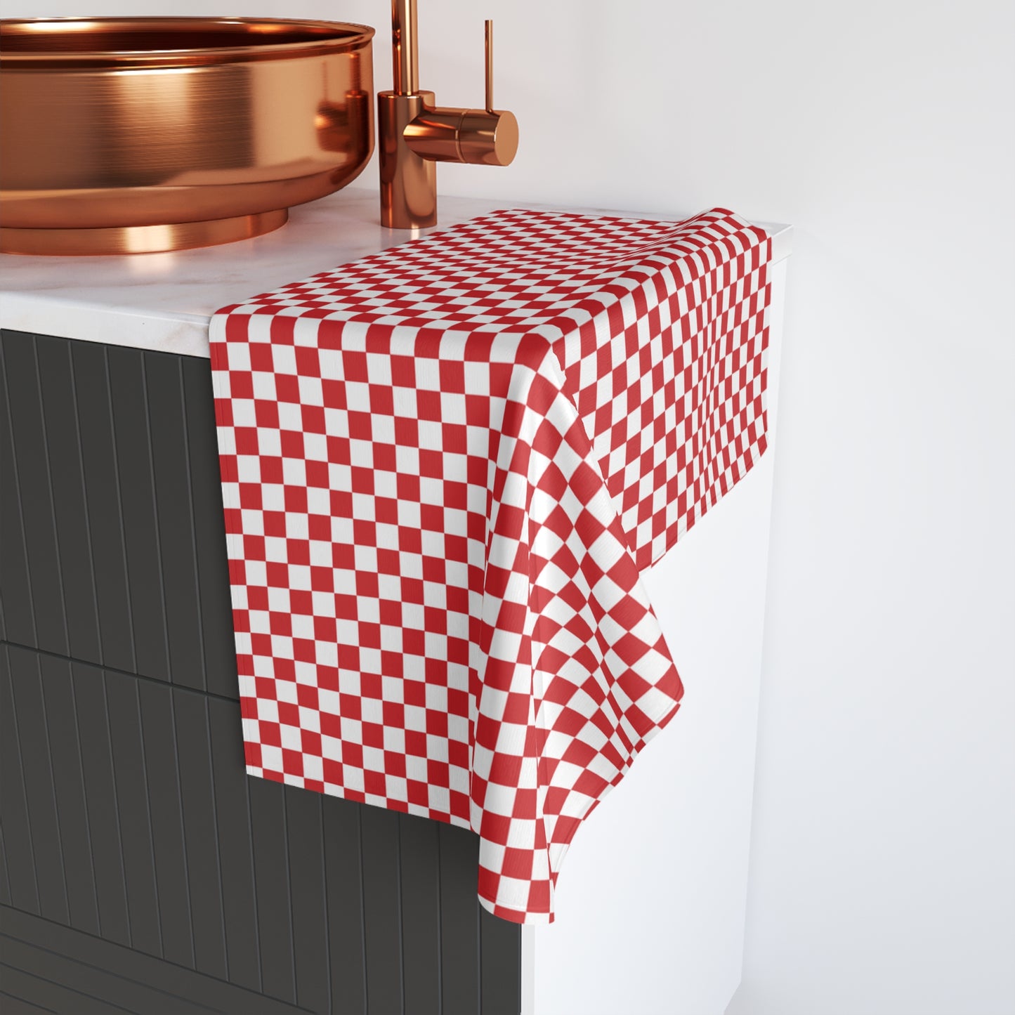 Red & White Check Holiday Hand Towel | Soft Cotton Back, Polyester Front, Festive Home Décor