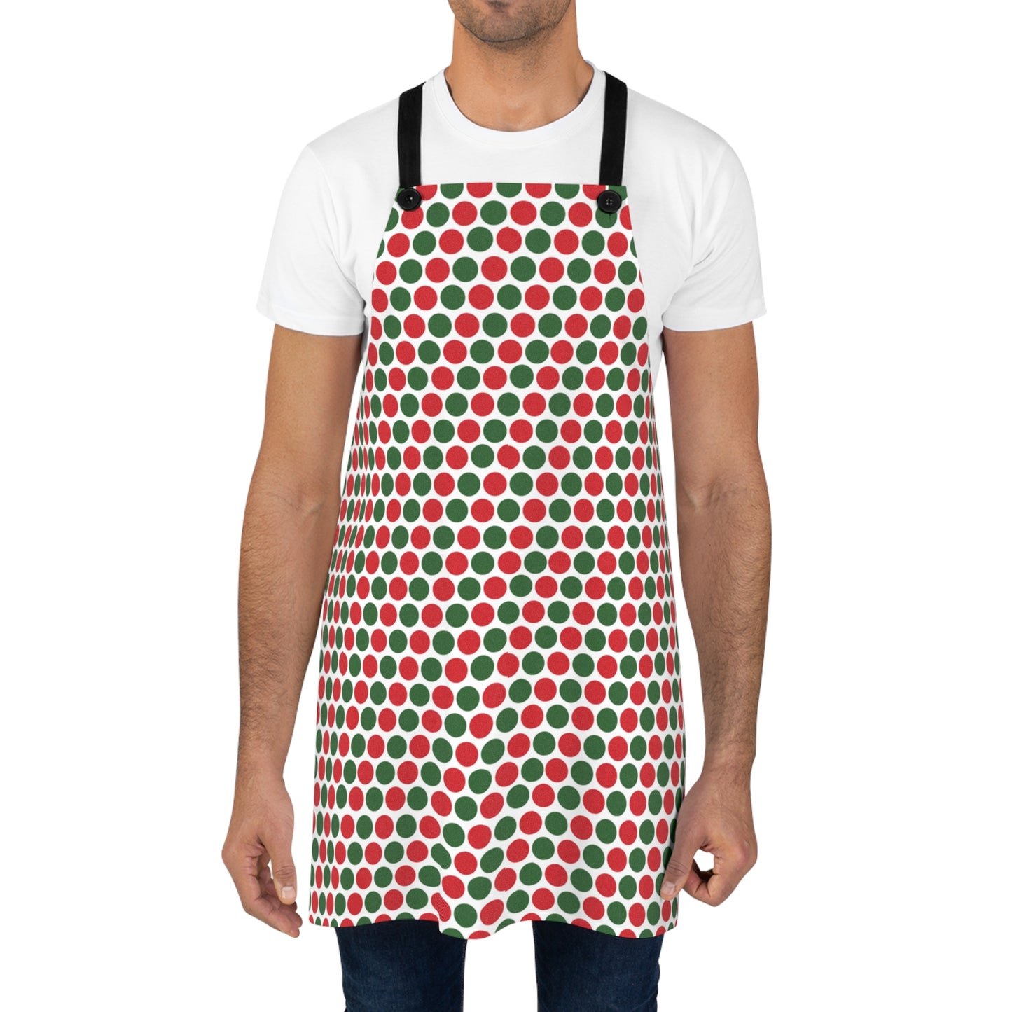 Red & Green Polka Dot Party Holiday Apron | Lightweight 100% Polyester Twill, Detachable Black Twill Straps
