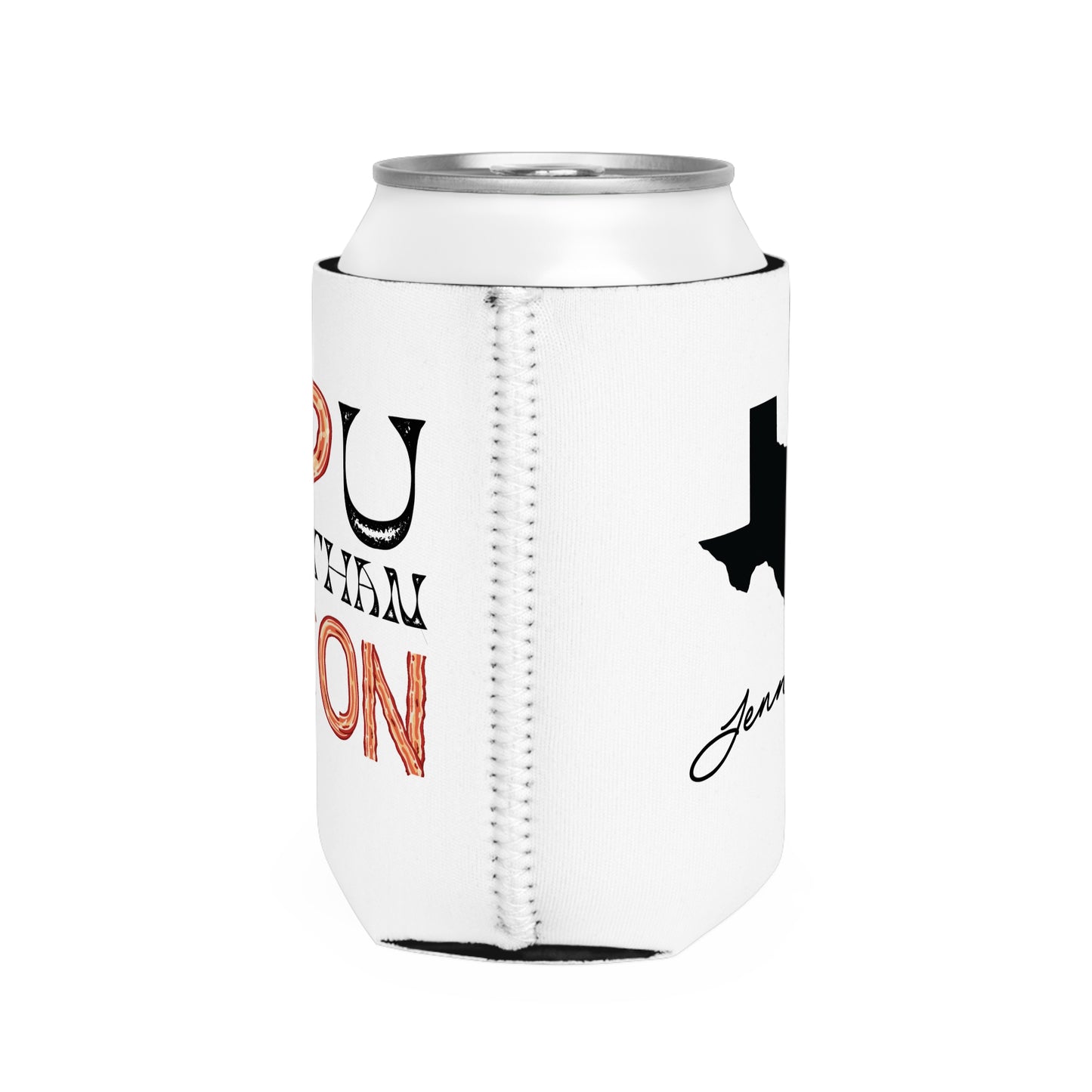 I Love You More Than Bacon Valentines Texas State Cut-Out Personalize Custom Name Can Cooler Sleeve