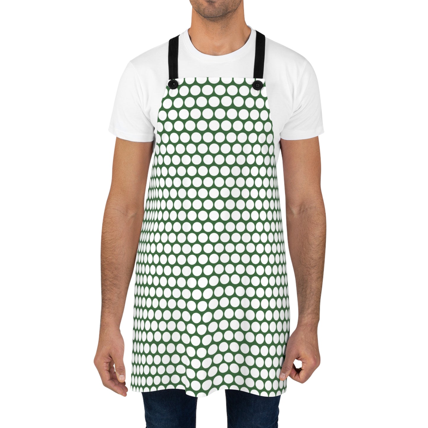 White Polka Dot on Green Holiday Apron | Lightweight 100% Polyester Twill, Detachable Black Twill Straps