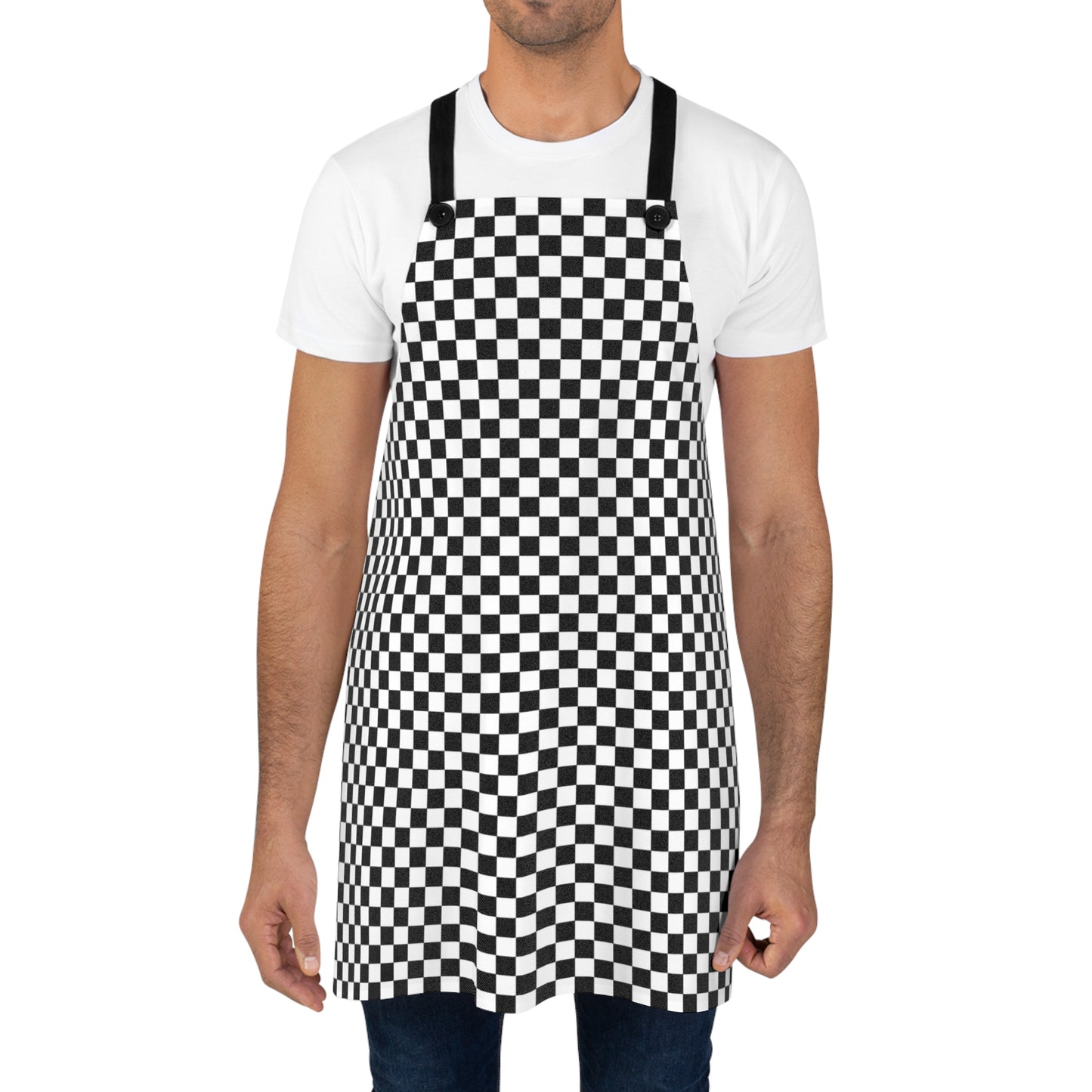 Black & White Check Holiday Apron | Lightweight 100% Polyester Twill, Detachable Black Twill Straps