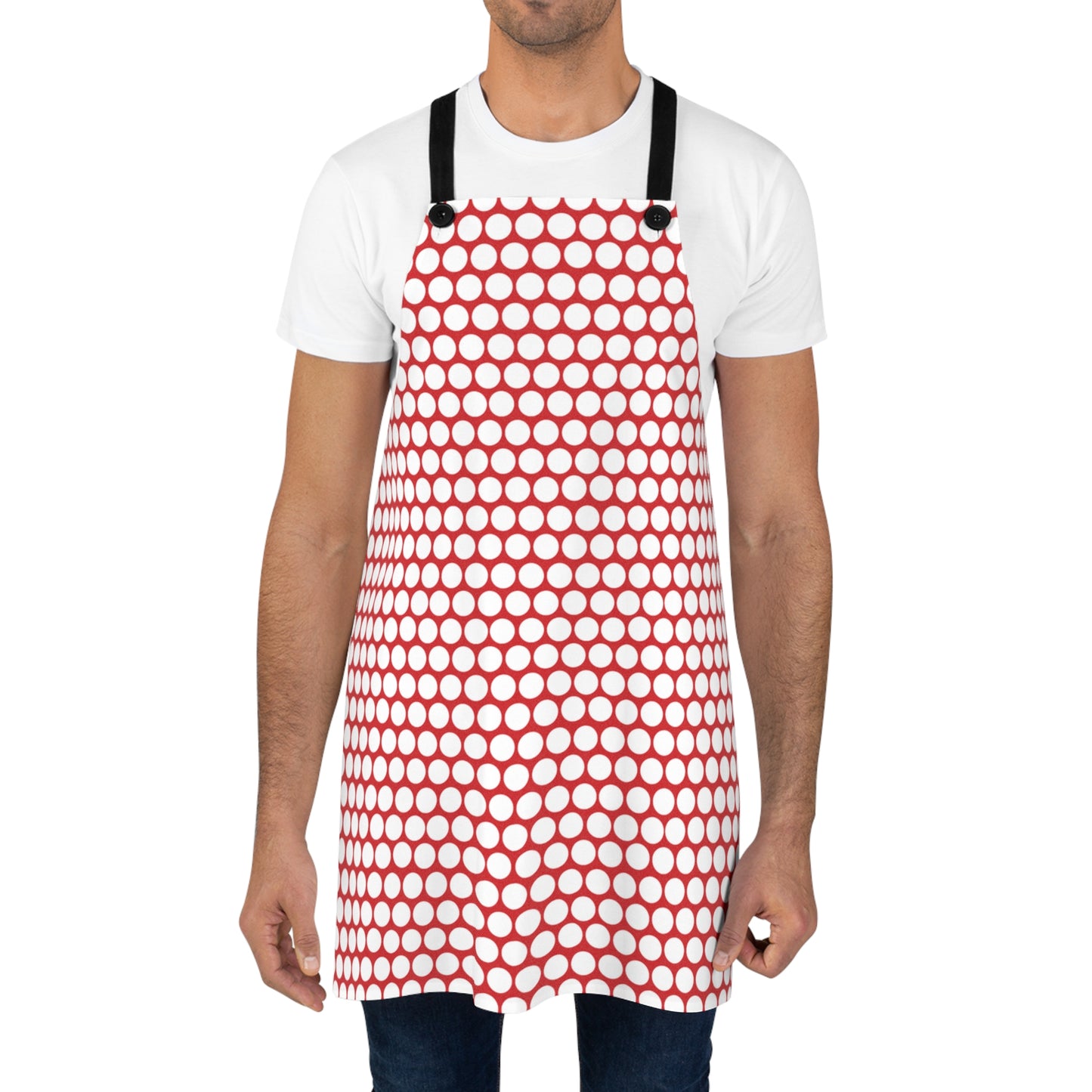White Polka Dot on Red Holiday Apron | Lightweight 100% Polyester Twill, Detachable Black Twill Straps