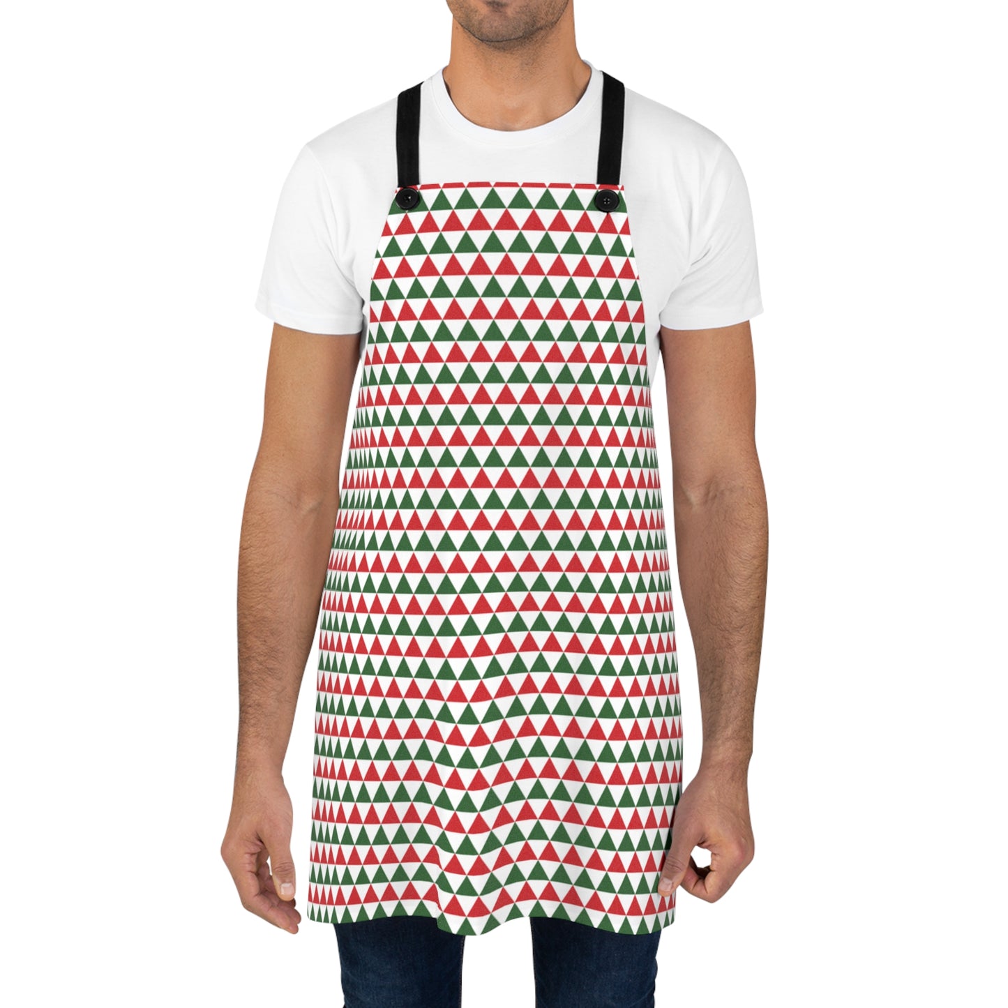 Red & Green Triangle Striped Holiday Apron | Lightweight 100% Polyester Twill, Detachable Black Twill Straps