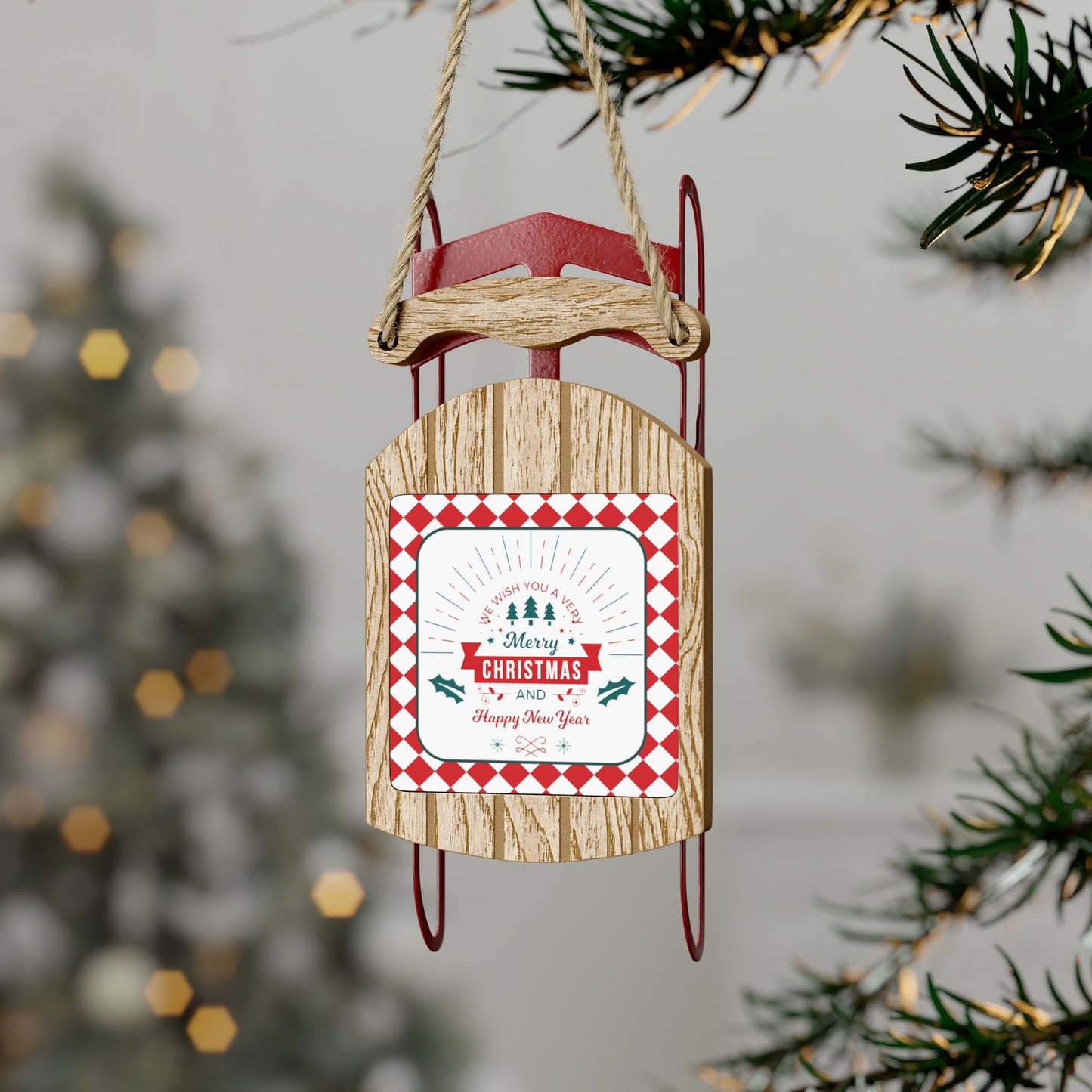 Merry Christmas & Happy New Year Red Sled Ornament