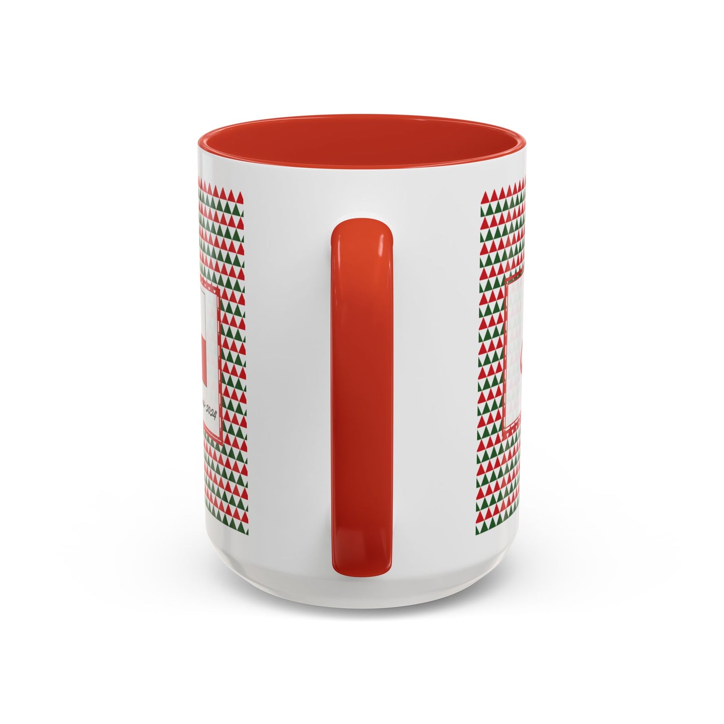 Joy- Red & Green Triangles Personalizable Christmas Ceramic Mug (11oz, 15 oz)