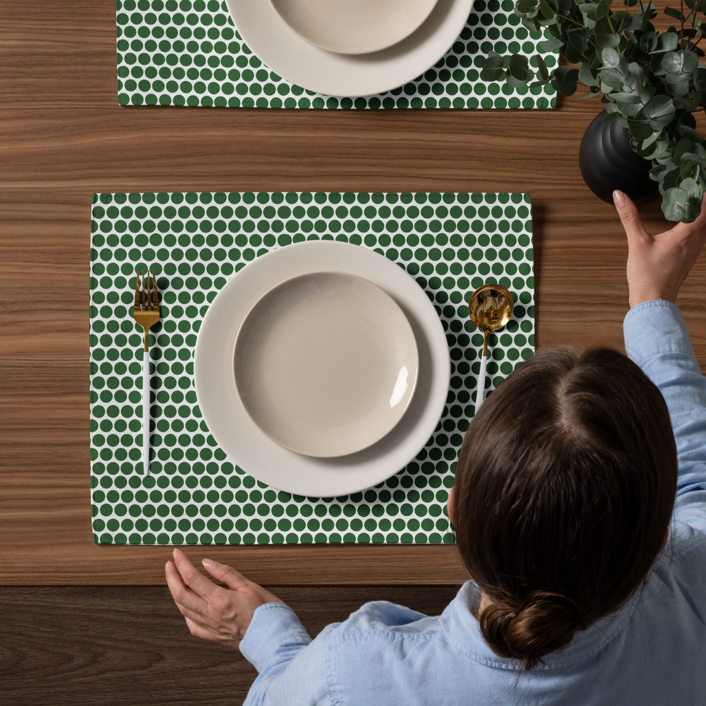 Green Polka Dot Polyester Placemats | Christmas Holiday Dining Décor, Festive Farmhouse Washable Table Mat Set