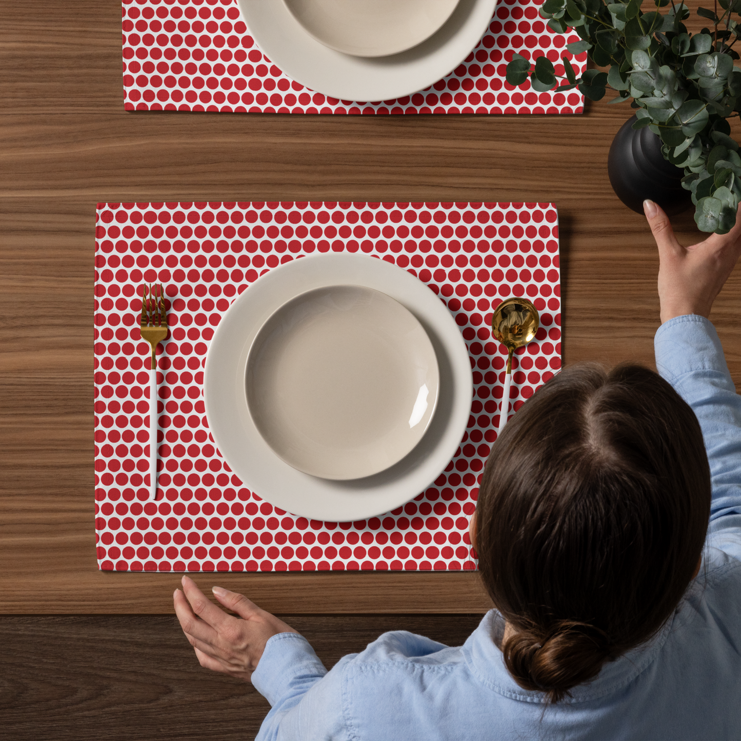 Red Polka Dot Polyester Placemats | Christmas Holiday Dining Décor, Bold Festive Farmhouse Washable Table Mat Set