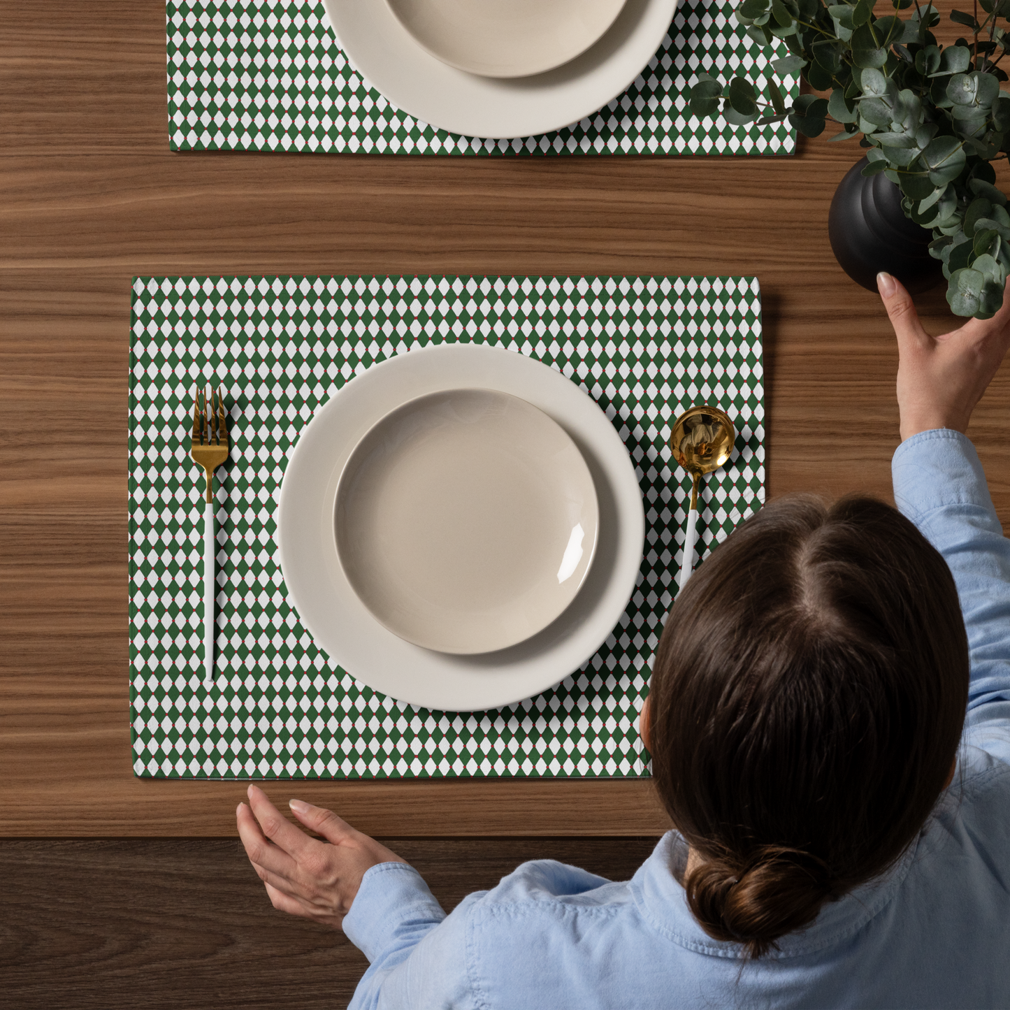 Nutcracker Drummer Green Argyle Polyester Placemats | Christmas Holiday Cloth Dining Mat Set, Festive Diamond Décor