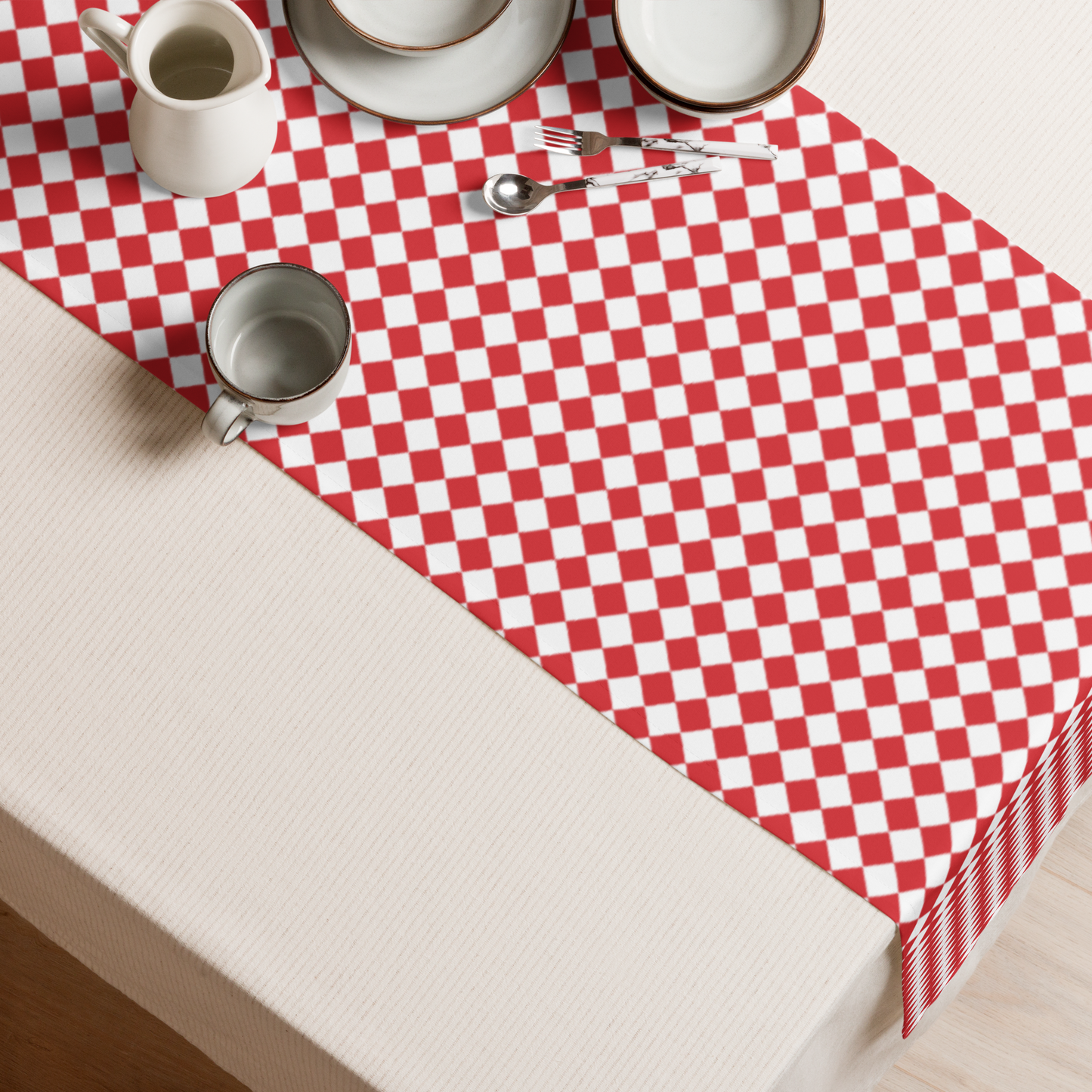 Red & White Argyle Christmas Table Runner | Festive Holiday Dining Décor, Washable Farmhouse Polyester Runner