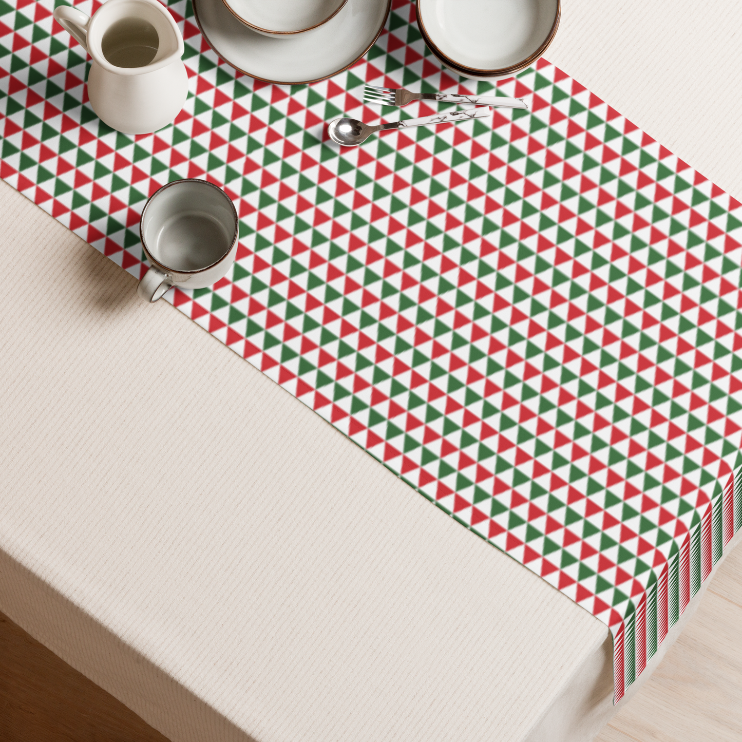 Striped Red & Green Triangle Christmas Table Runner | Rustic Holiday Dining Room Décor, Festive Geometric Farmhouse Accent