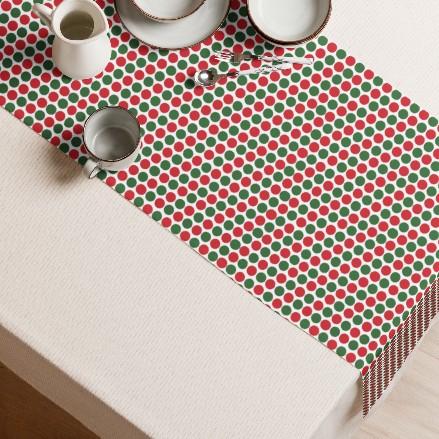 Red & Green Polka Dot Party Christmas Table Runner | Playful Holiday Dining Décor, Festive Scattered Spot Accent