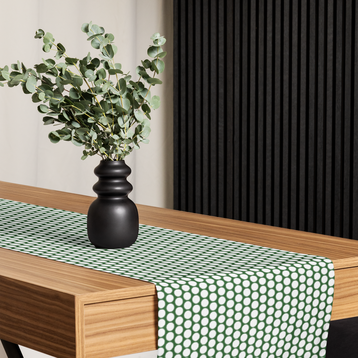 White Polka Dot on Green Christmas Table Runner | Festive Holiday Dining Décor, Rustic Farmhouse Spot Accent