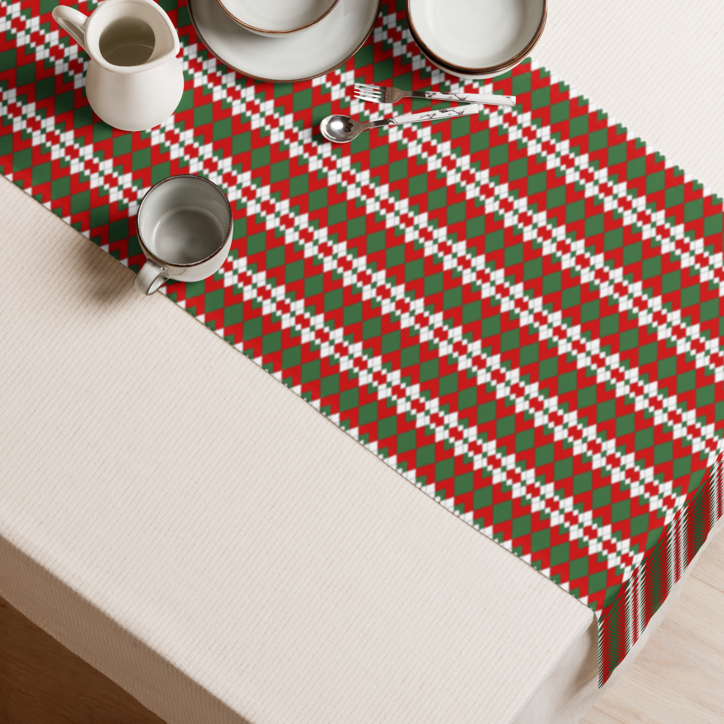 Extra Red Green & White Argyle Christmas Table Runner | Bold Holiday Dining Décor, Festive Farmhouse Diamond Check