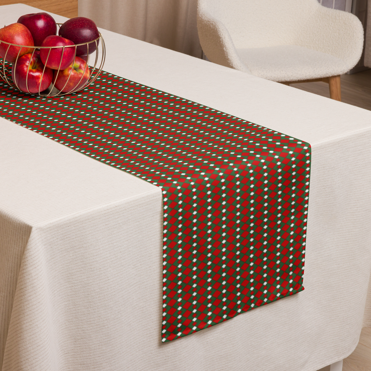 Fancy Red Green & White Argyle Christmas Table Runner | Festive Holiday Dining Décor, Rustic Farmhouse Diamond Check