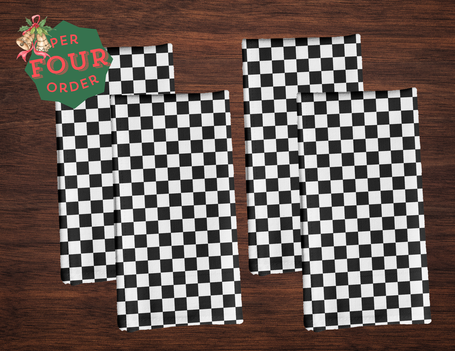 Black & White Check Polyester Napkins | Christmas Holiday Table Décor, Reusable Cloth Napkin Set, Festive Farmhouse Style