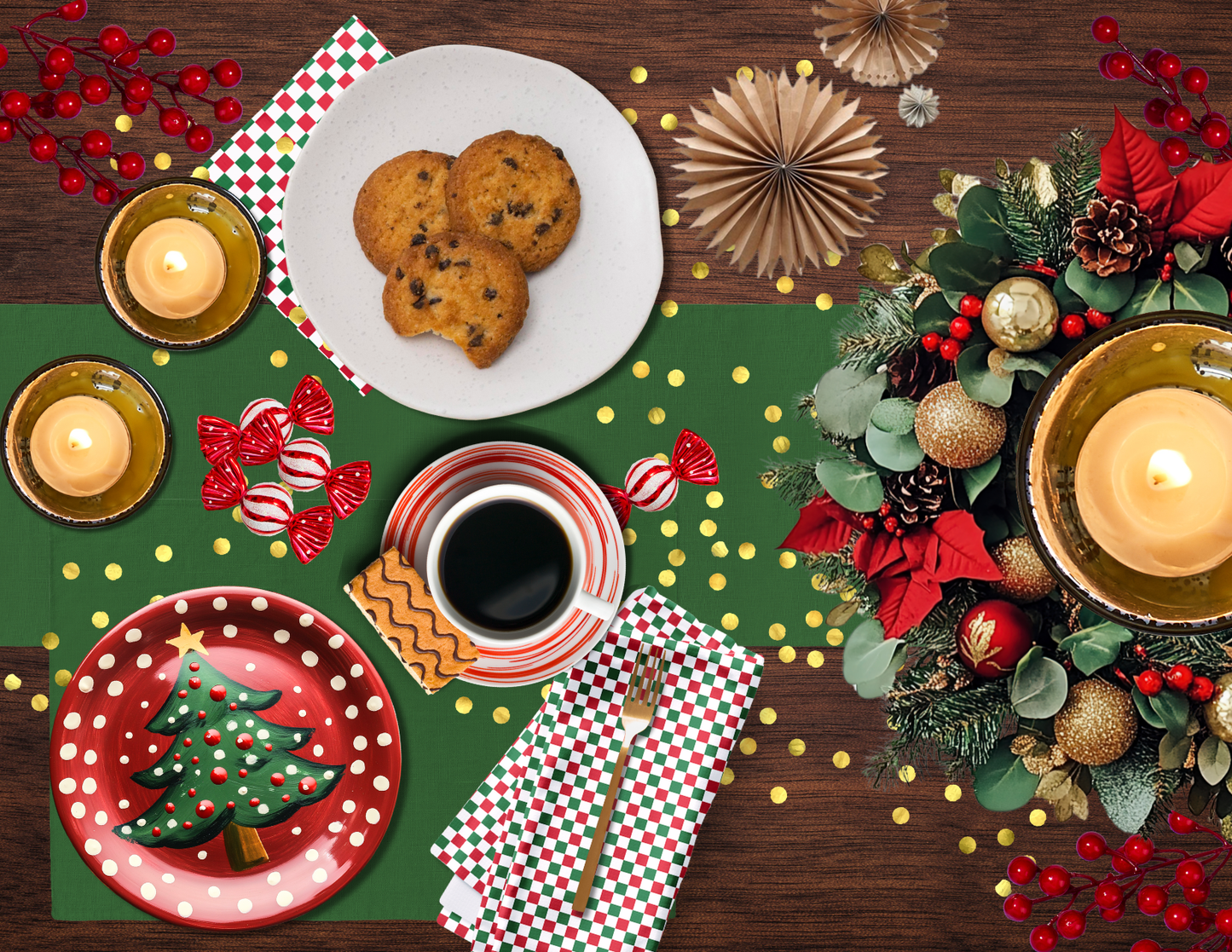 Red Green & White Gingham Polyester Napkins | Christmas Holiday Cloth Napkin Set, Festive Farmhouse Table Décor
