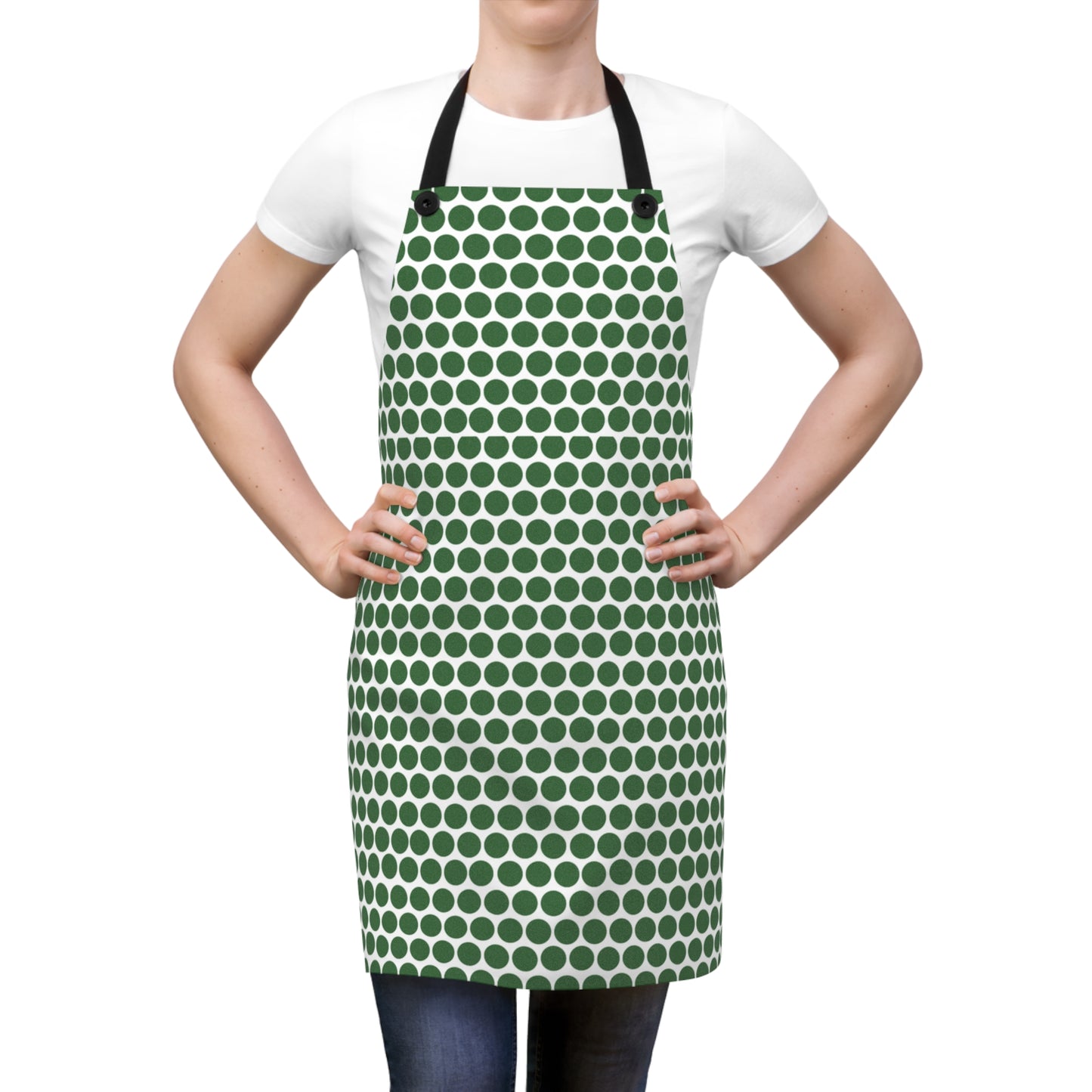 Green Polka Dot Holiday Apron | Lightweight 100% Polyester Twill, Detachable Black Twill Straps