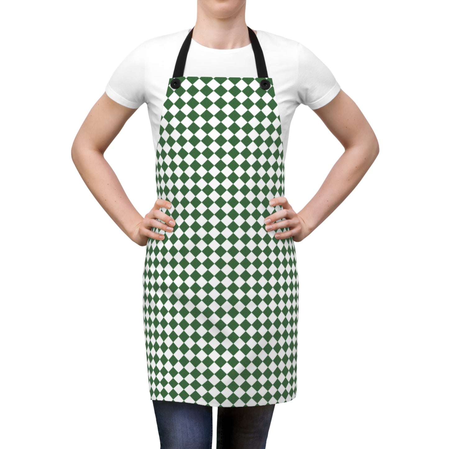 Green & White Argyle Holiday Apron | Lightweight 100% Polyester Twill, Detachable Black Twill Straps
