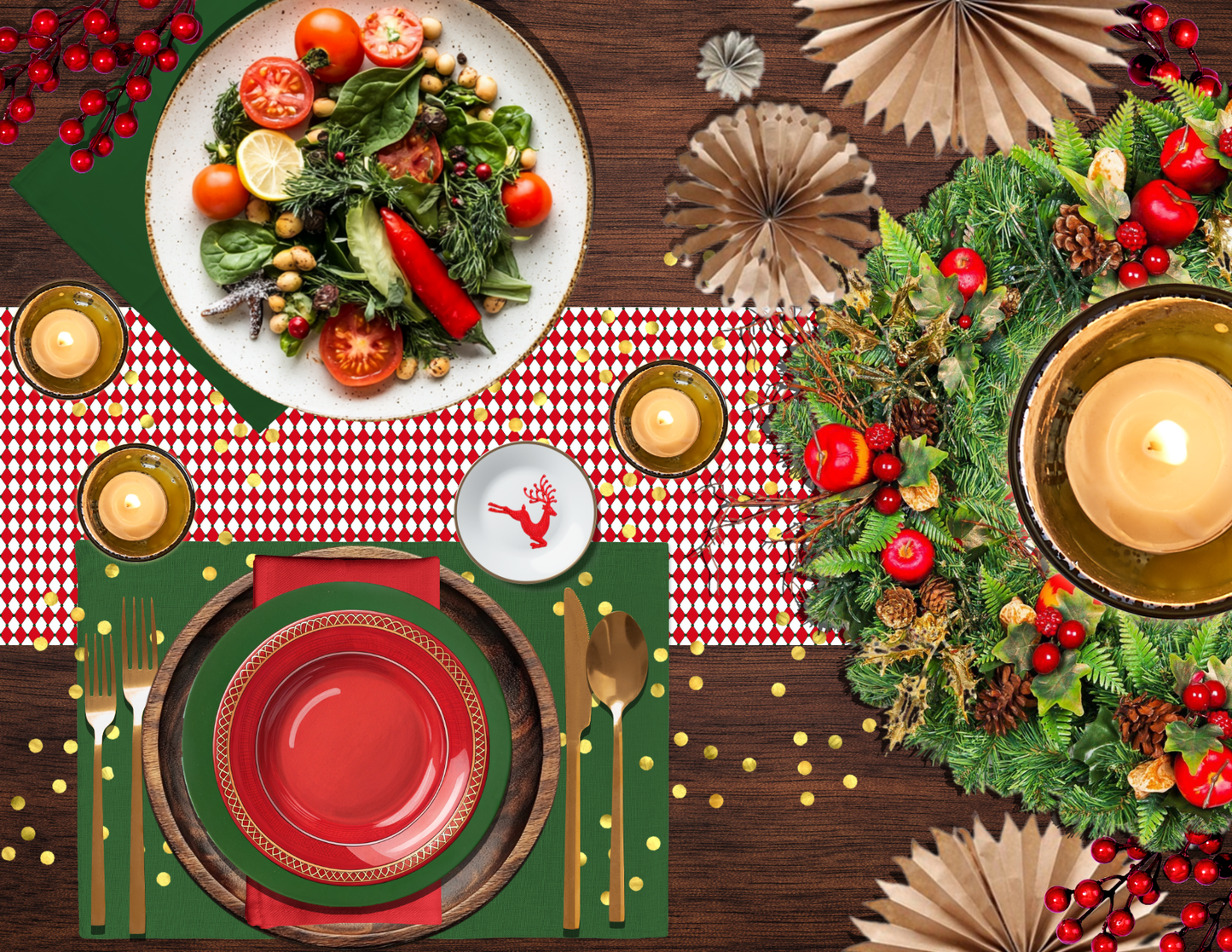 Nutcracker Drummer Red Argyle Christmas Table Runner | Festive Holiday Dining Décor, Classic Red Diamond Check