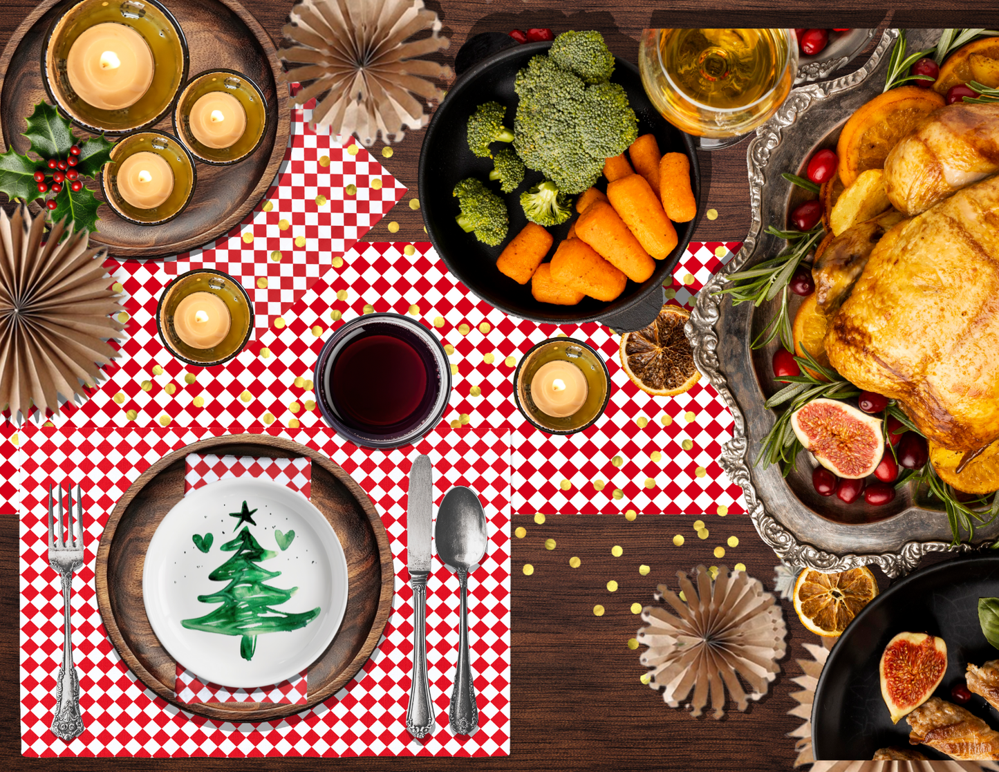 Red & White Argyle Polyester Placemats | Christmas Holiday Cloth Dining Mat Set, Festive Diamond Check Décor