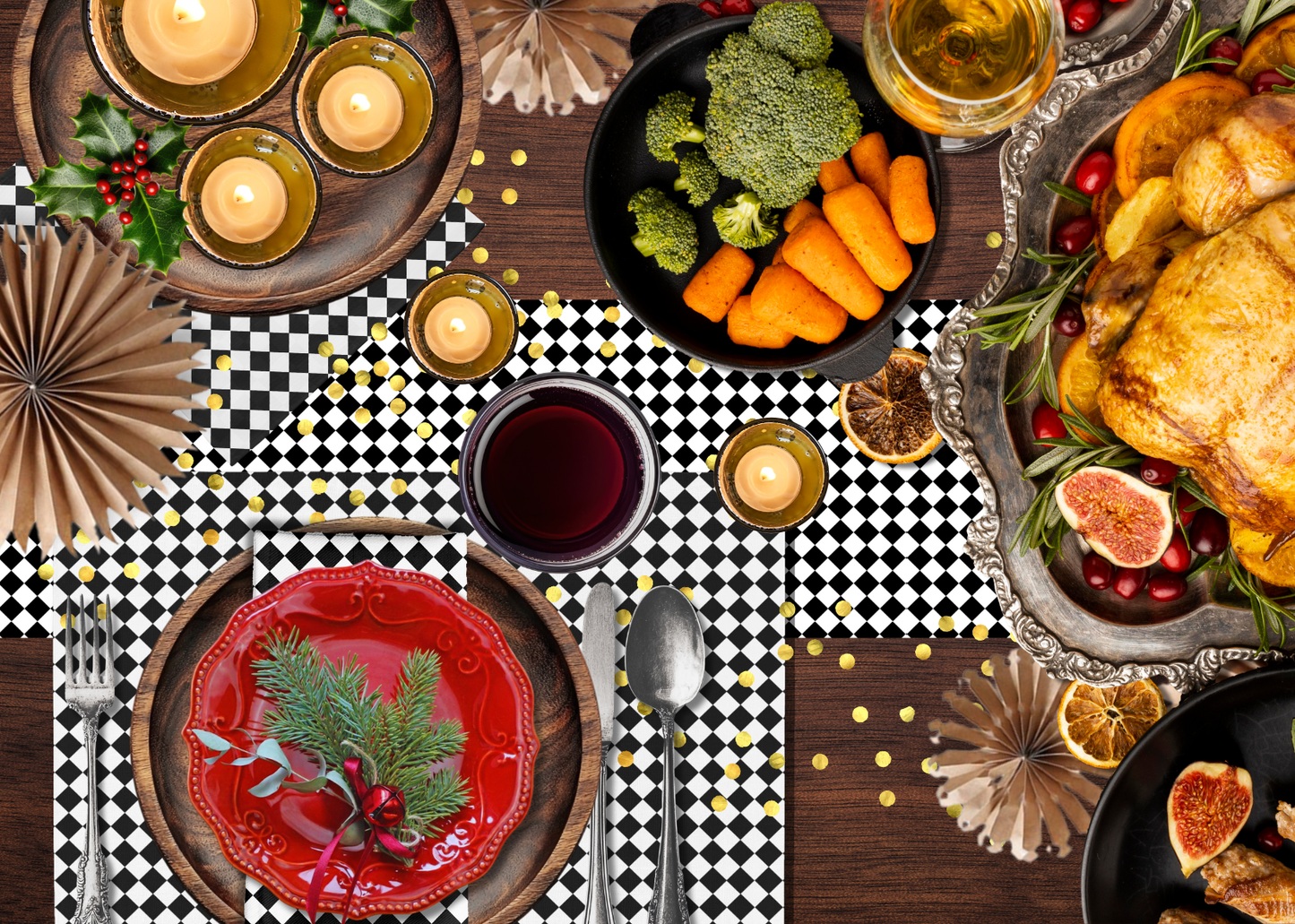 Black & White Argyle Christmas Table Runner | Classic Holiday Farmhouse Dining Room Decor, Modern Checkered Diamond Tabletop Accent