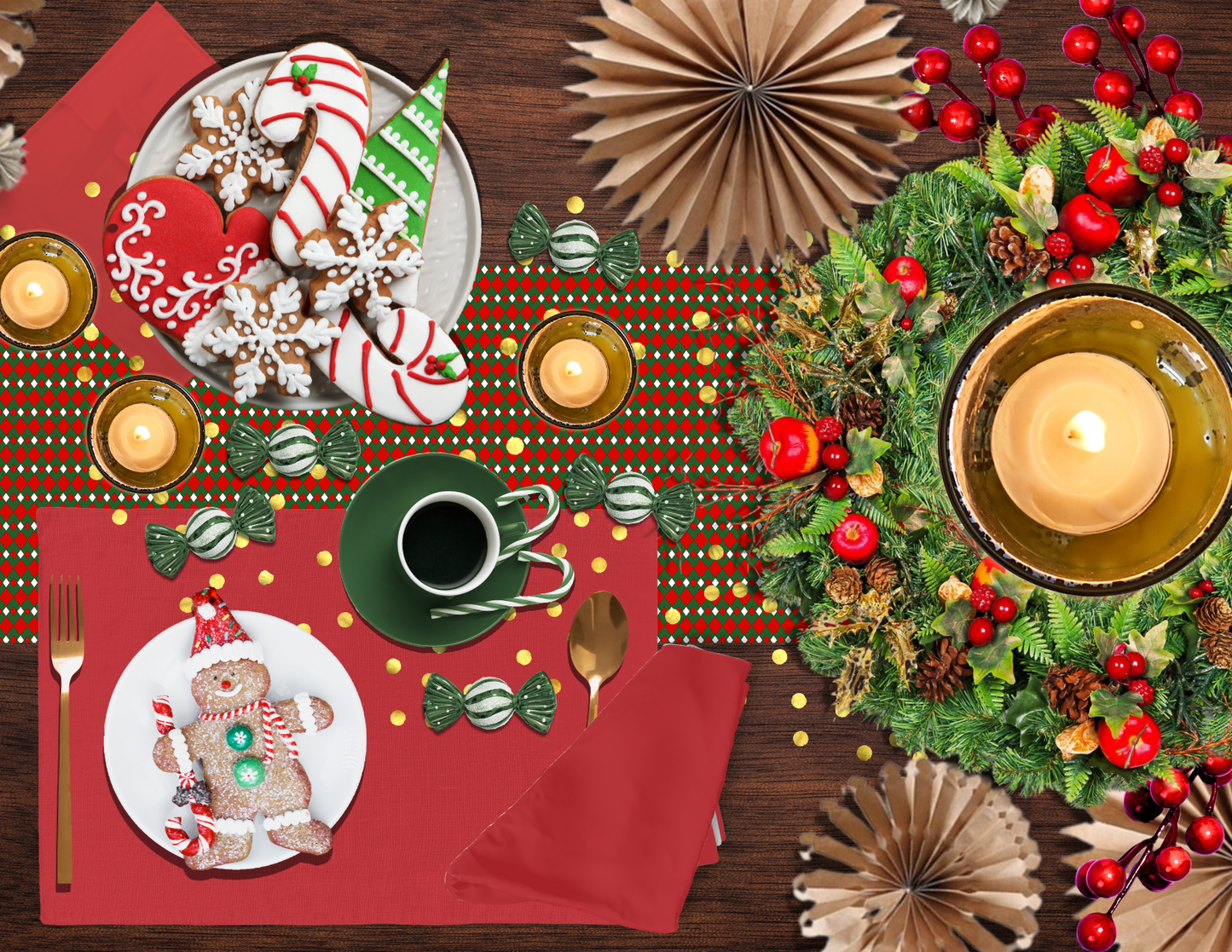 Fancy Red Green & White Argyle Christmas Table Runner | Festive Holiday Dining Décor, Rustic Farmhouse Diamond Check