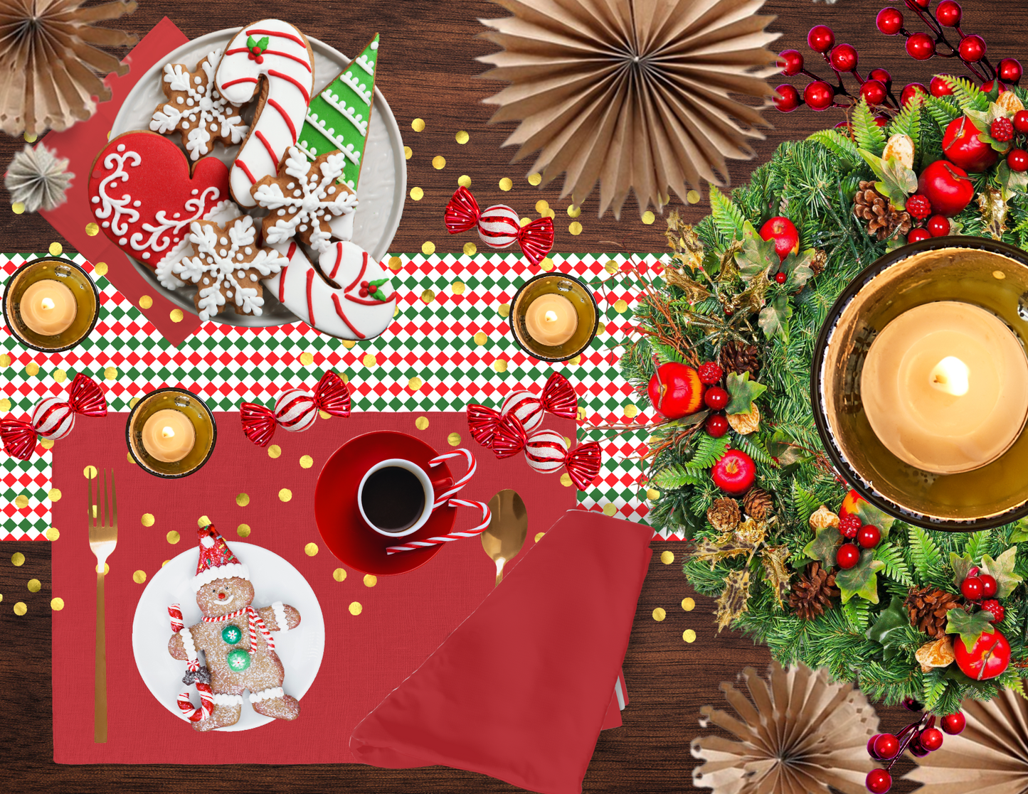 Red Green & White Argyle Christmas Table Runner | Festive Holiday Dining Room Decor, Rustic Diamond Check Accent