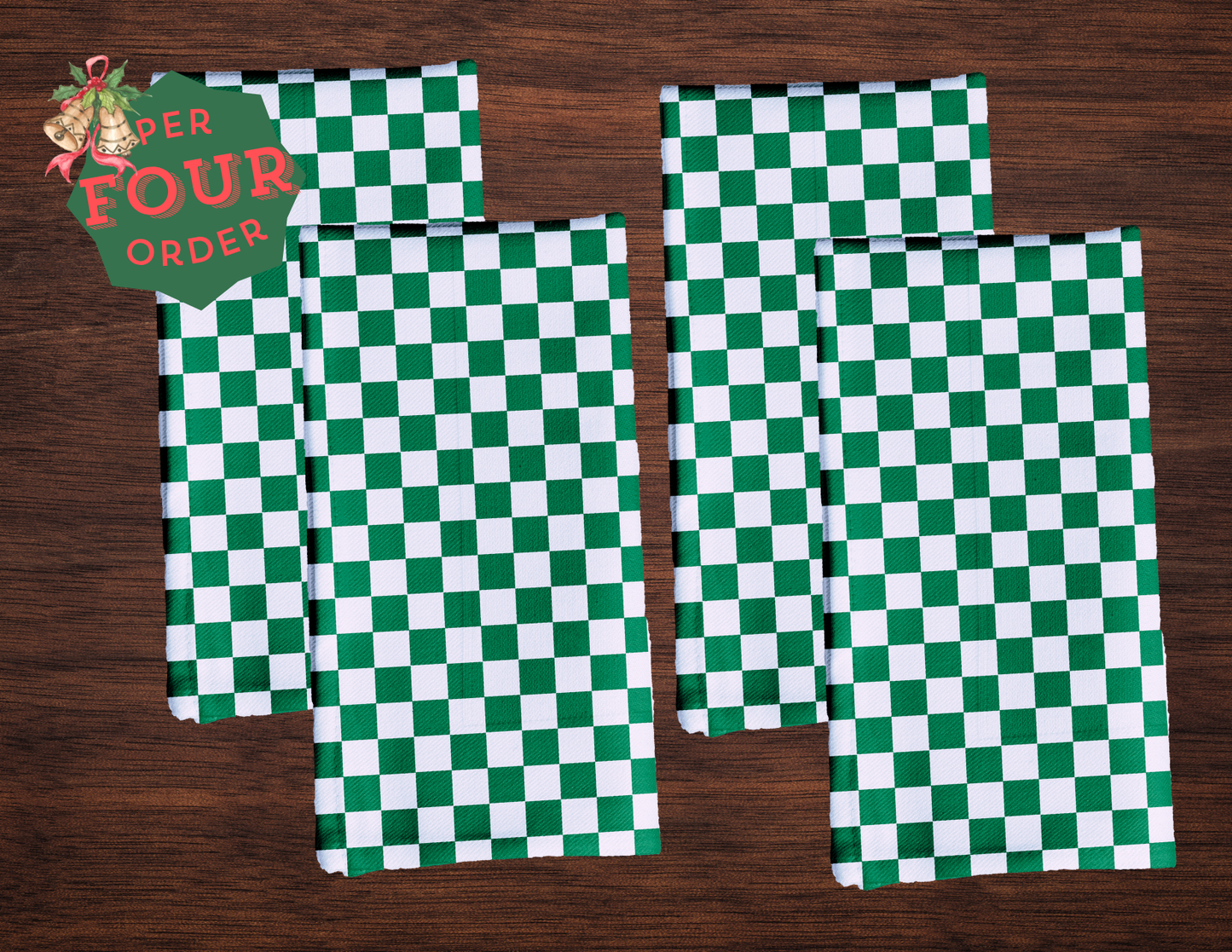 Green & White Check Polyester Napkins | Christmas Holiday Décor, Rustic Farmhouse Cloth Napkin Set, Reusable Holiday Linens