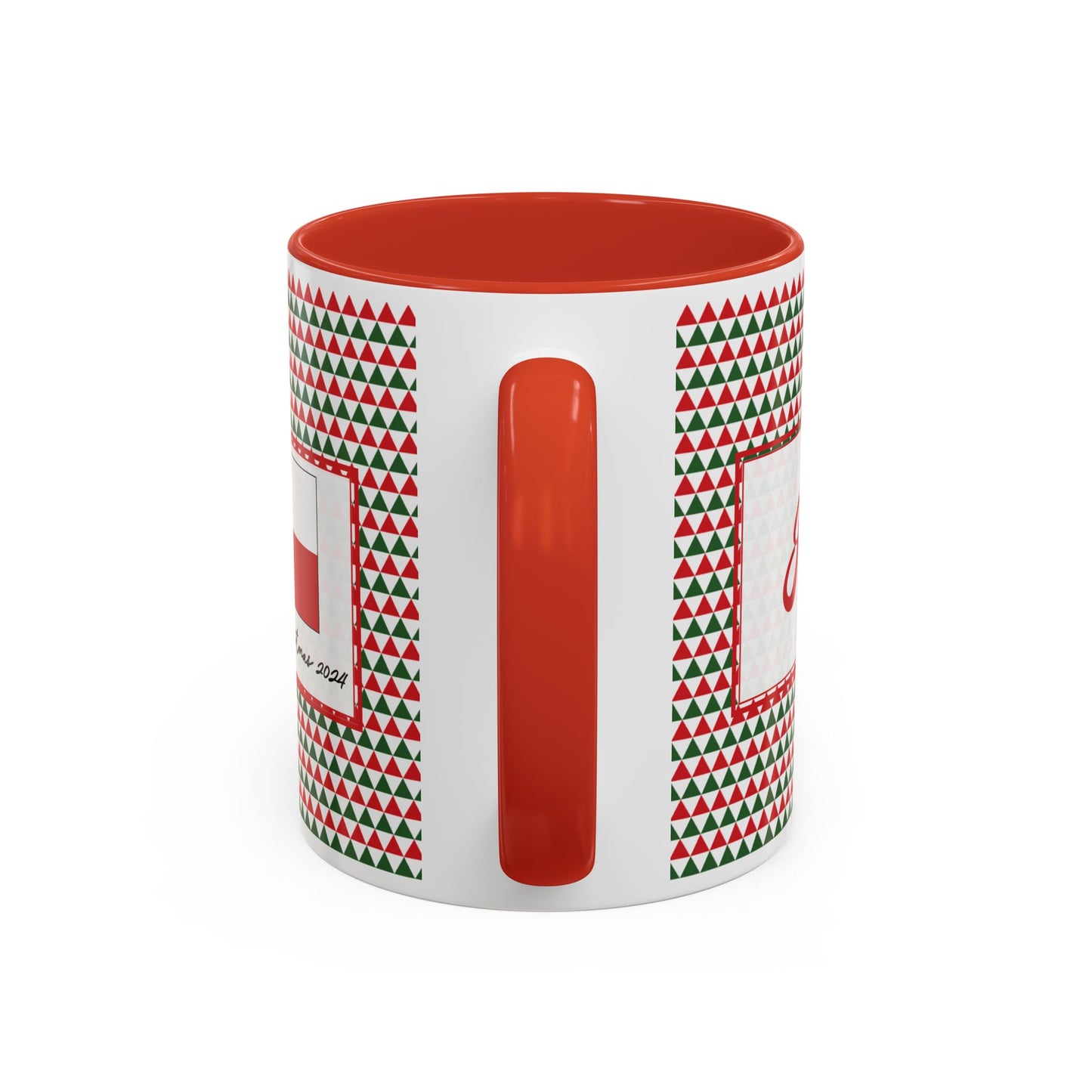 Joy- Red & Green Triangles Personalizable Christmas Ceramic Mug (11oz, 15 oz)