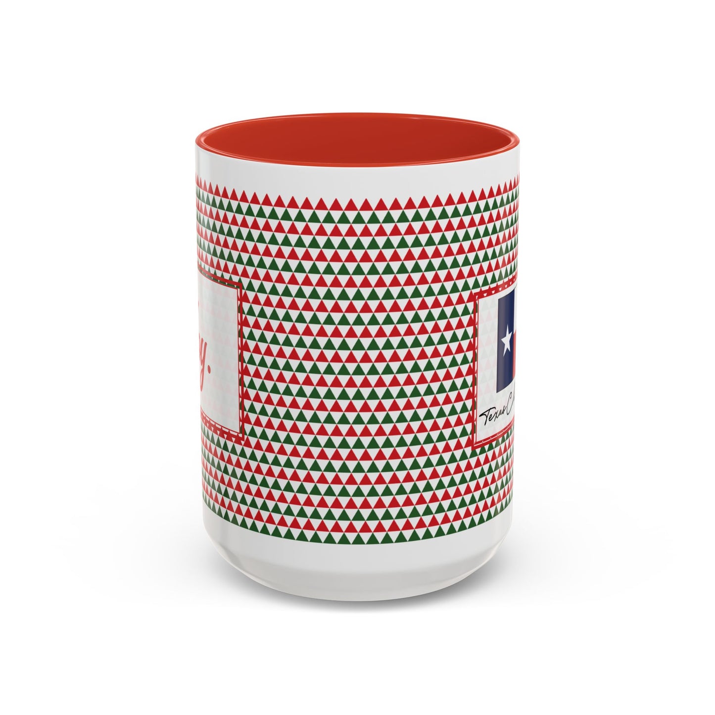 Joy- Red & Green Triangles Personalizable Christmas Ceramic Mug (11oz, 15 oz)