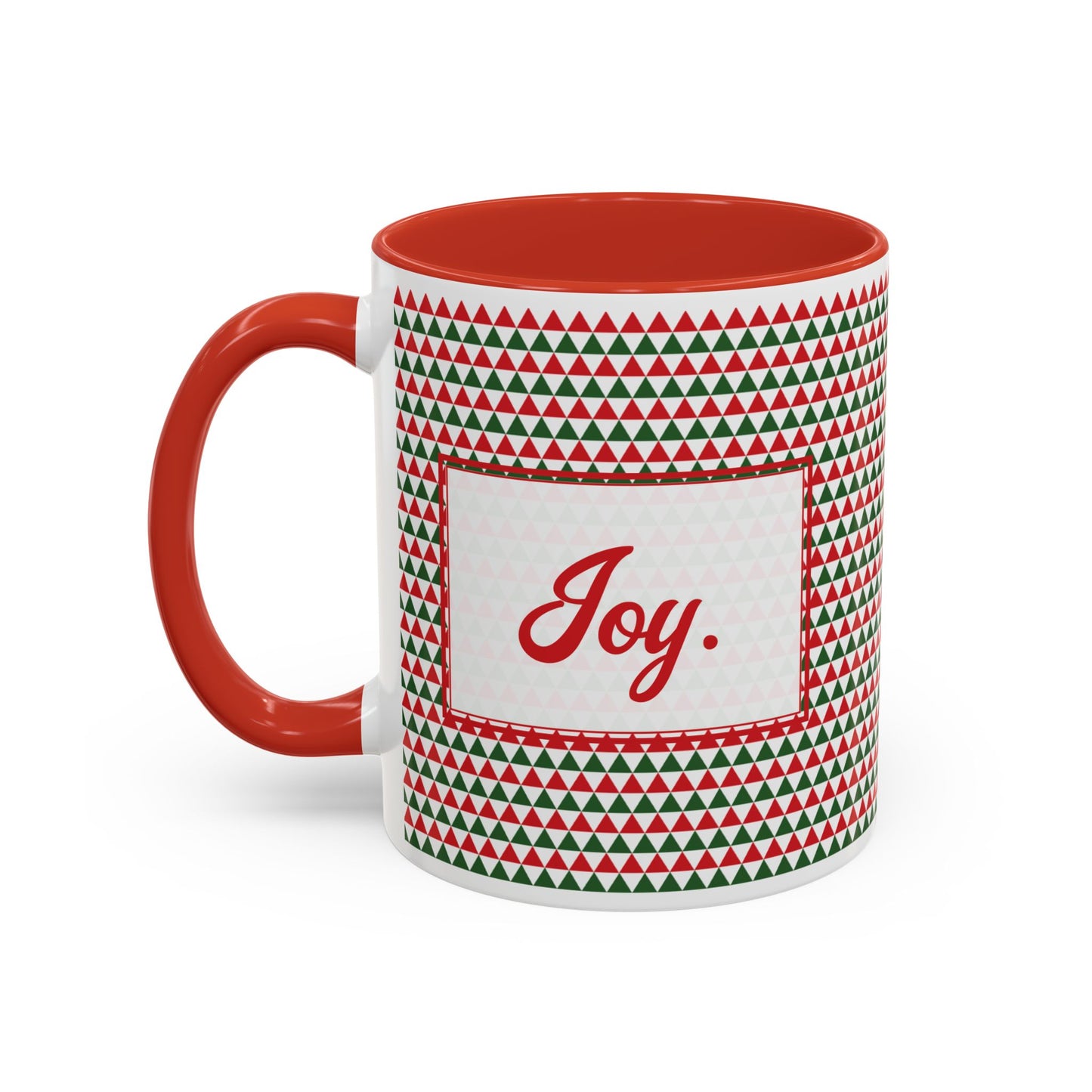 Joy- Red & Green Triangles Personalizable Christmas Ceramic Mug (11oz, 15 oz)