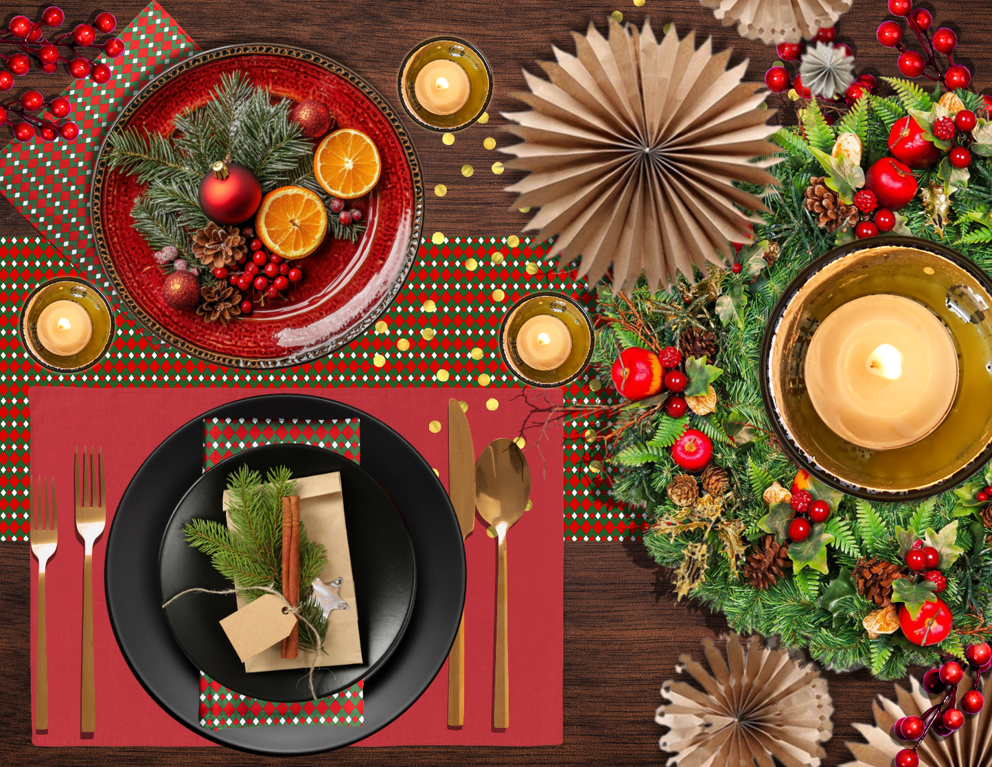 Fancy Red Green & White Argyle Christmas Table Runner | Festive Holiday Dining Décor, Rustic Farmhouse Diamond Check