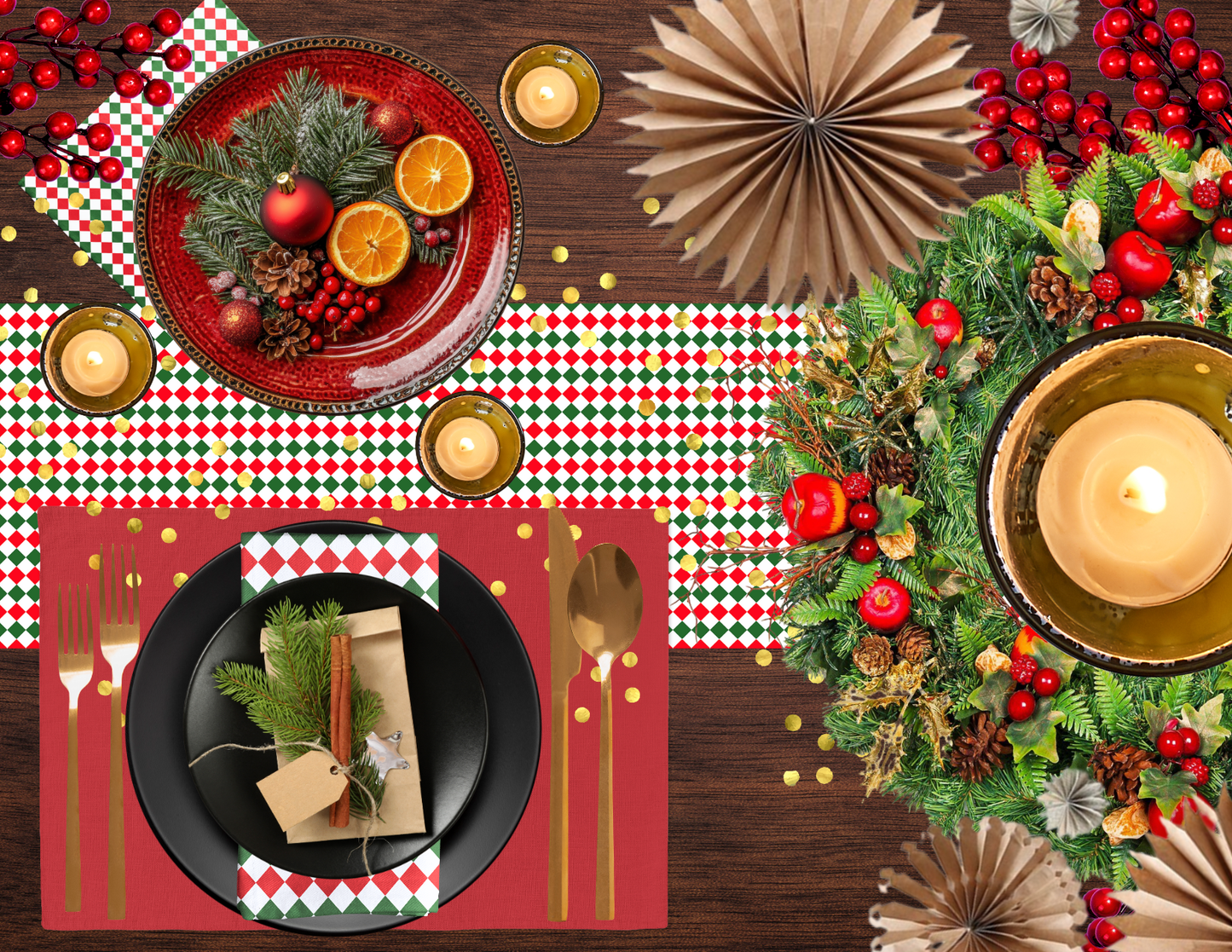 Red Green & White Argyle Polyester Napkins | Christmas Holiday Cloth Napkin Set, Festive Diamond Check Décor