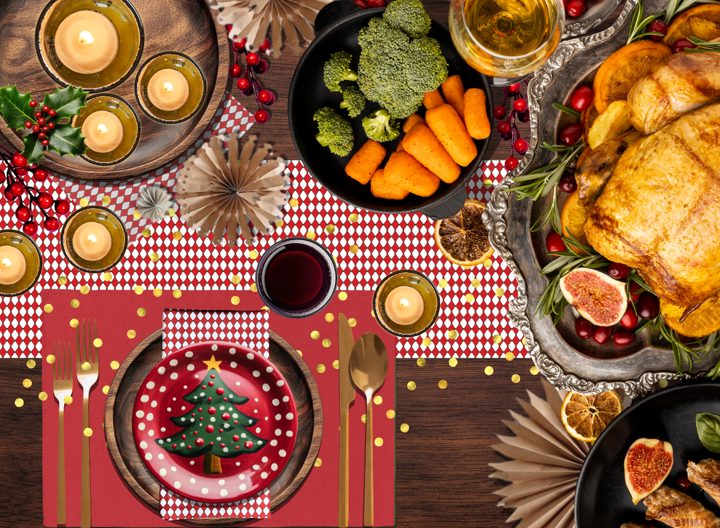 Nutcracker Drummer Red Argyle Polyester Napkins | Christmas Holiday Cloth Napkin Set, Festive Diamond Check Décor