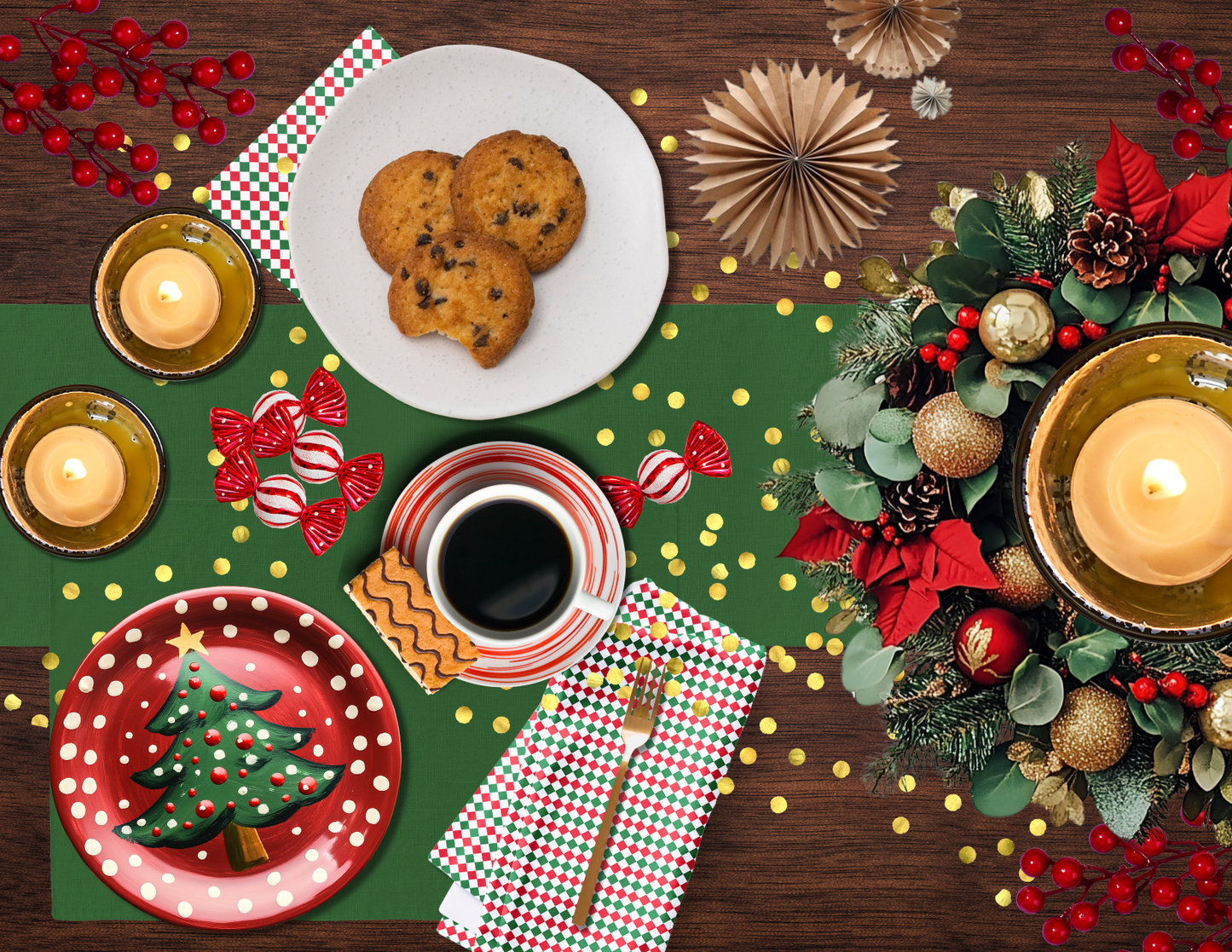 Red Green & White Argyle Polyester Napkins | Christmas Holiday Cloth Napkin Set, Festive Diamond Check Décor