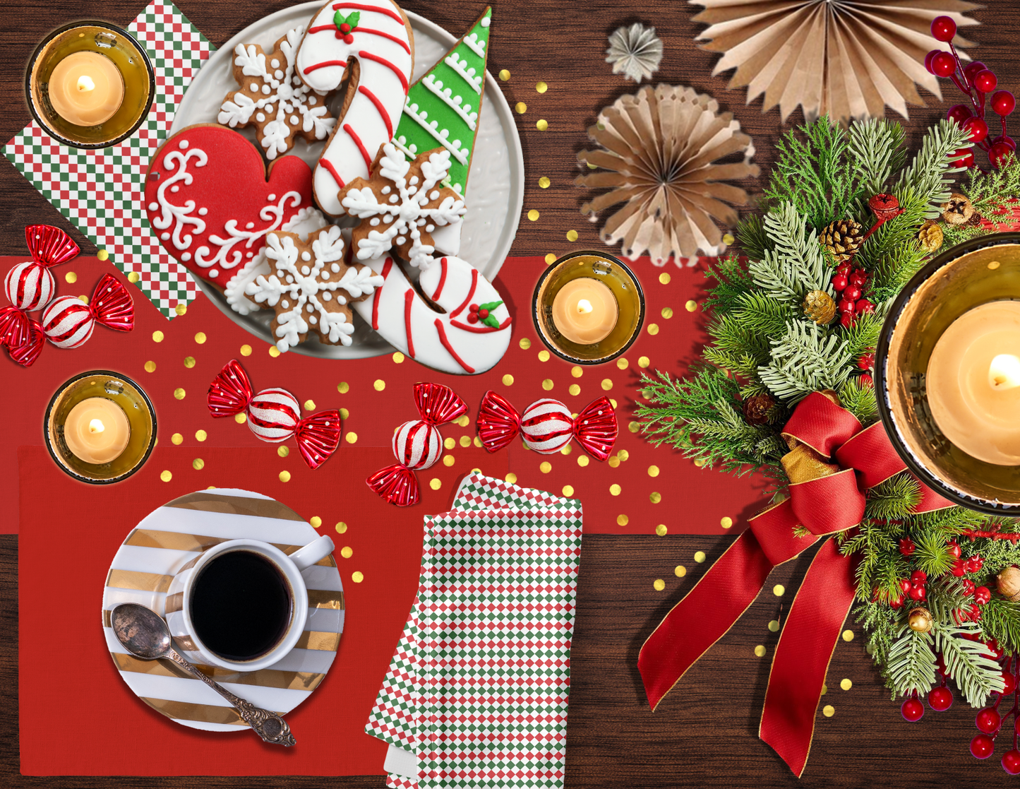 Red Green & White Argyle Polyester Napkins | Christmas Holiday Cloth Napkin Set, Festive Diamond Check Décor