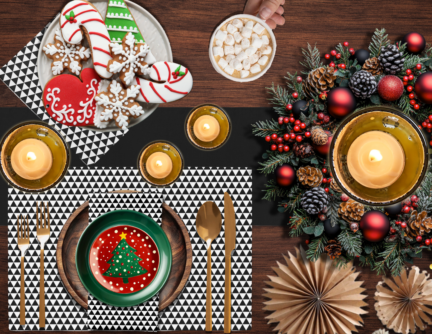 Black Christmas Table Runner | Washable Holiday Dining Decor, Modern Elegant Style