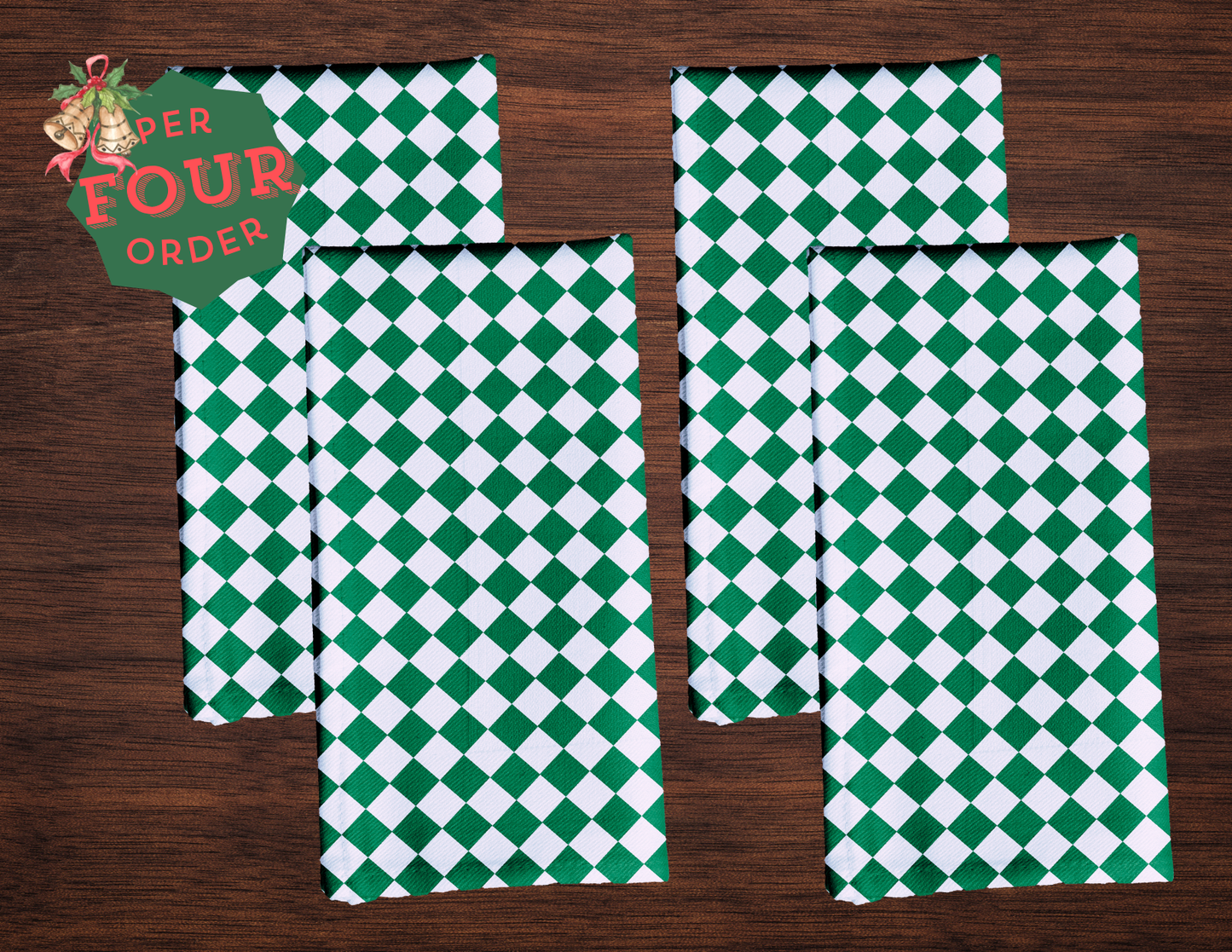 Green & White Argyle Polyester Napkins | Christmas Holiday Table Décor, Festive Farmhouse Cloth Napkin Set