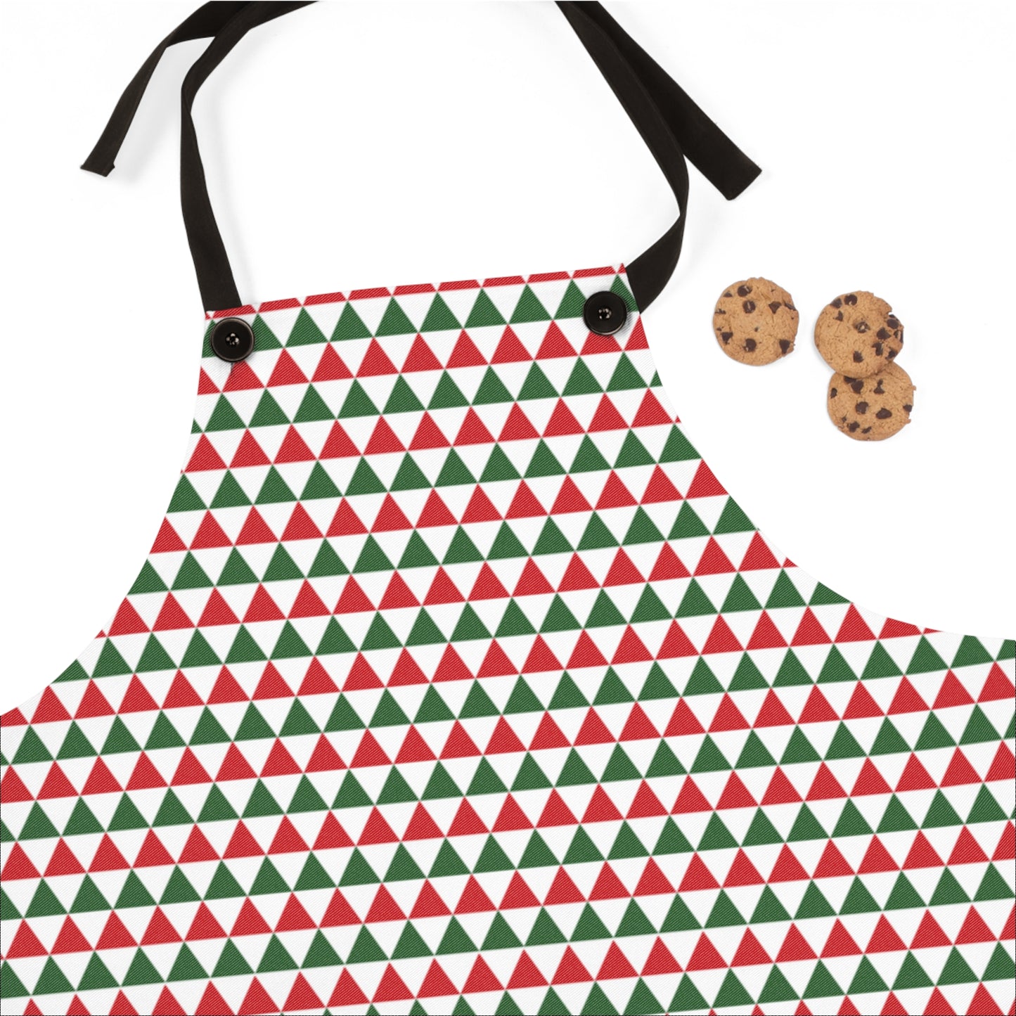 Red & Green Triangle Striped Holiday Apron | Lightweight 100% Polyester Twill, Detachable Black Twill Straps
