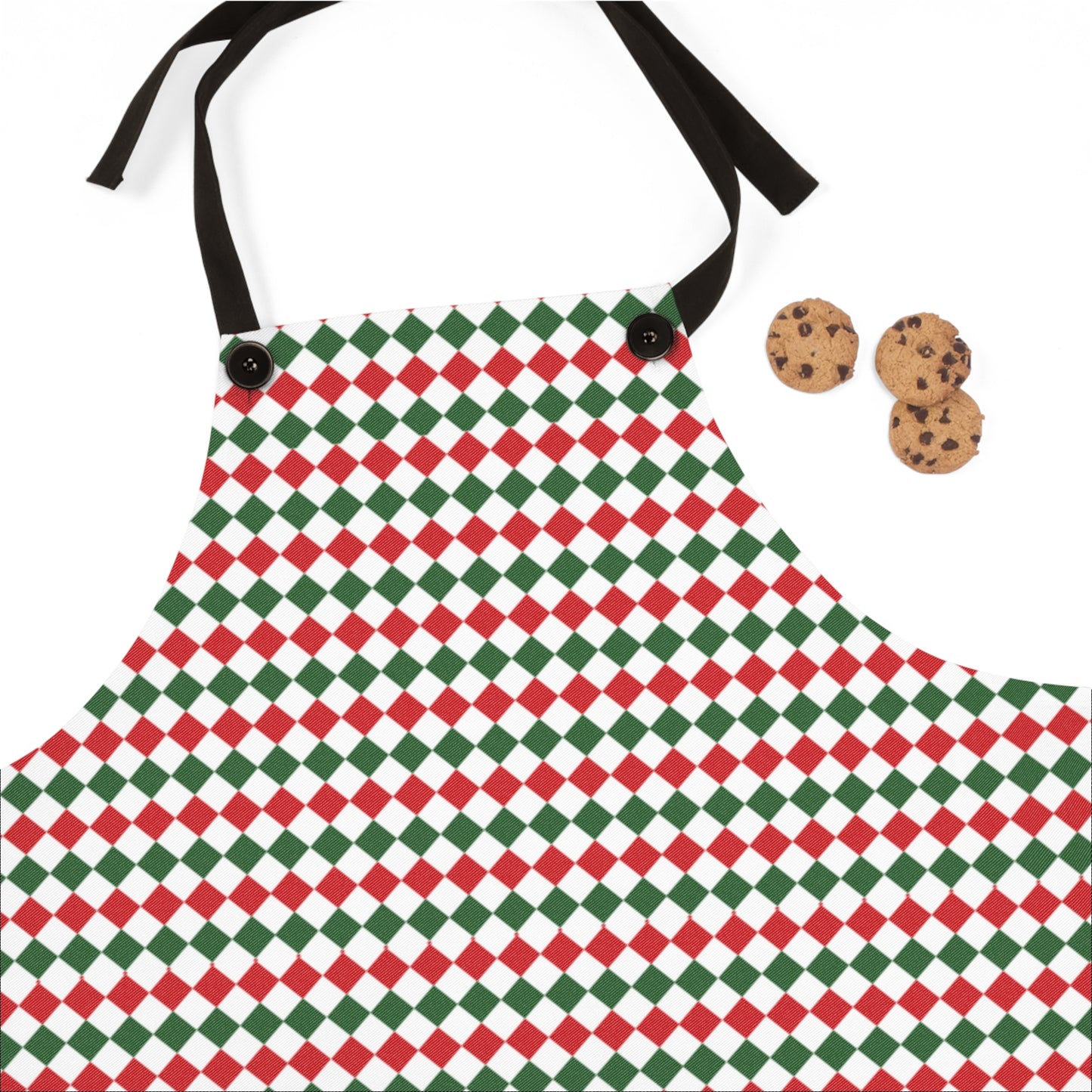 Red Green & White Argyle Holiday Apron | Lightweight 100% Polyester Twill, Detachable Black Twill Straps