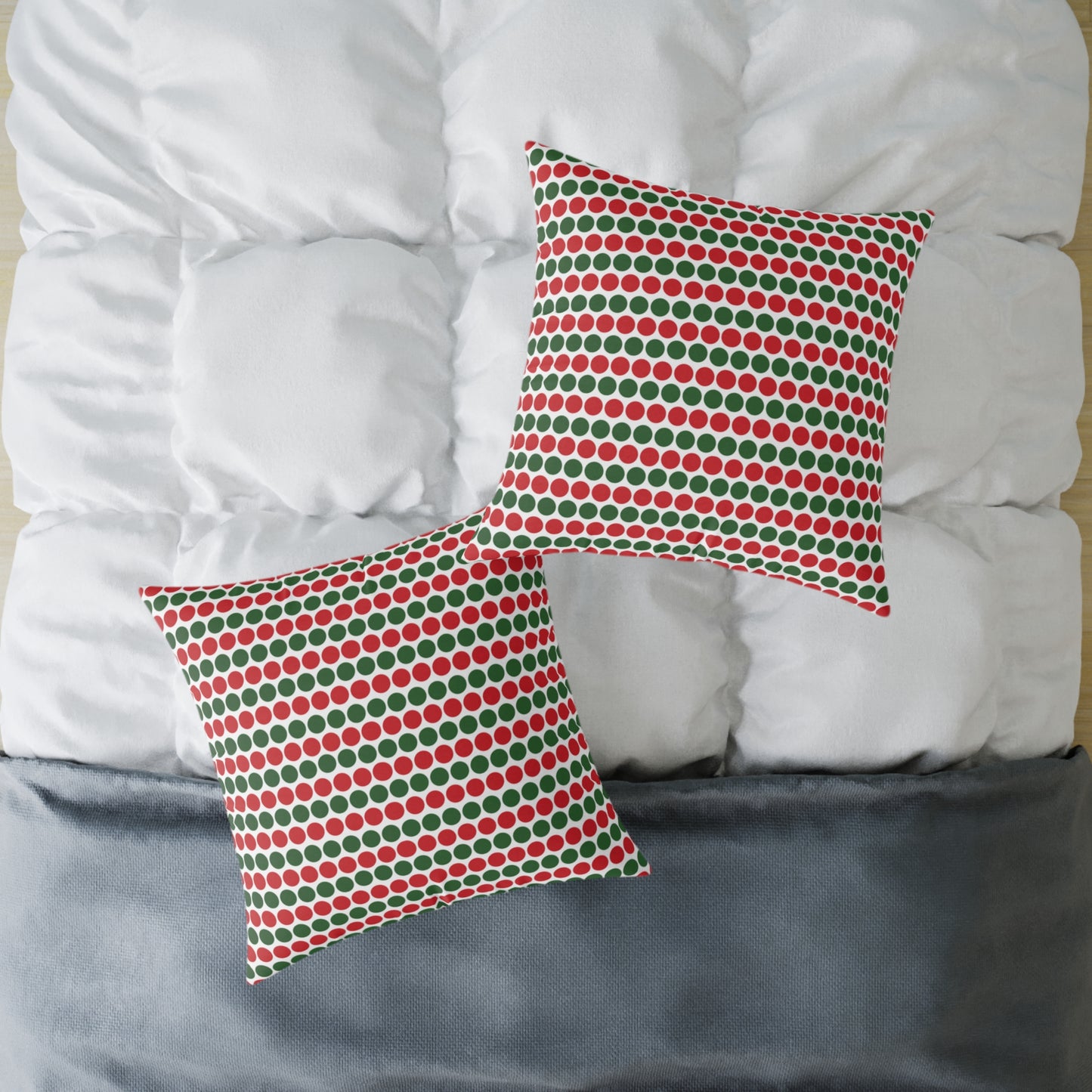 Red & Green Polka Dot Striped Christmas Decorative Pillow | Double‑Sided Poly Canvas Cushion, 5 Sizes, Vibrant Holiday Décor