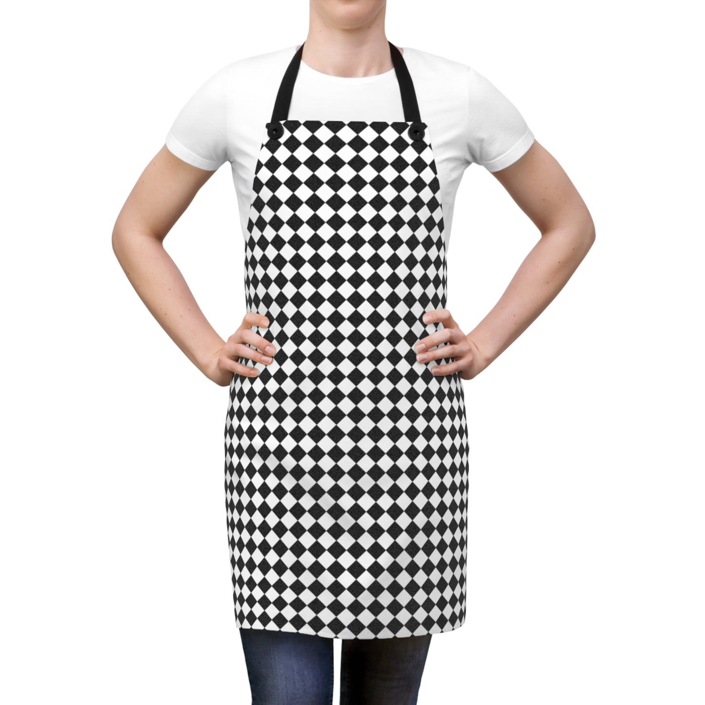 Black & White Argyle Holiday Apron | Lightweight 100% Polyester Twill, Detachable Black Twill Straps