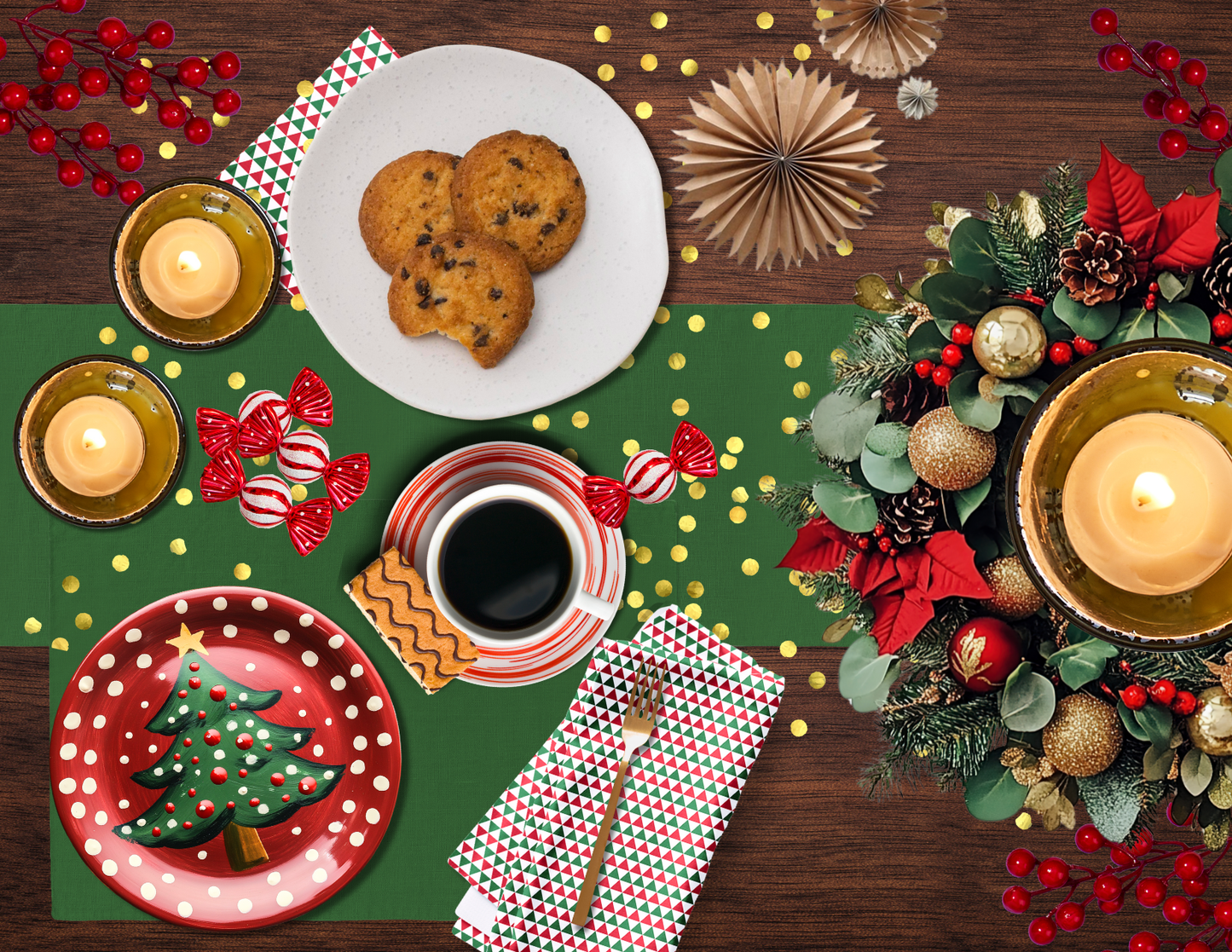 Striped Red & Green Triangle Polyester Napkins | Christmas Holiday Cloth Napkin Set, Festive Farmhouse Dining Décor