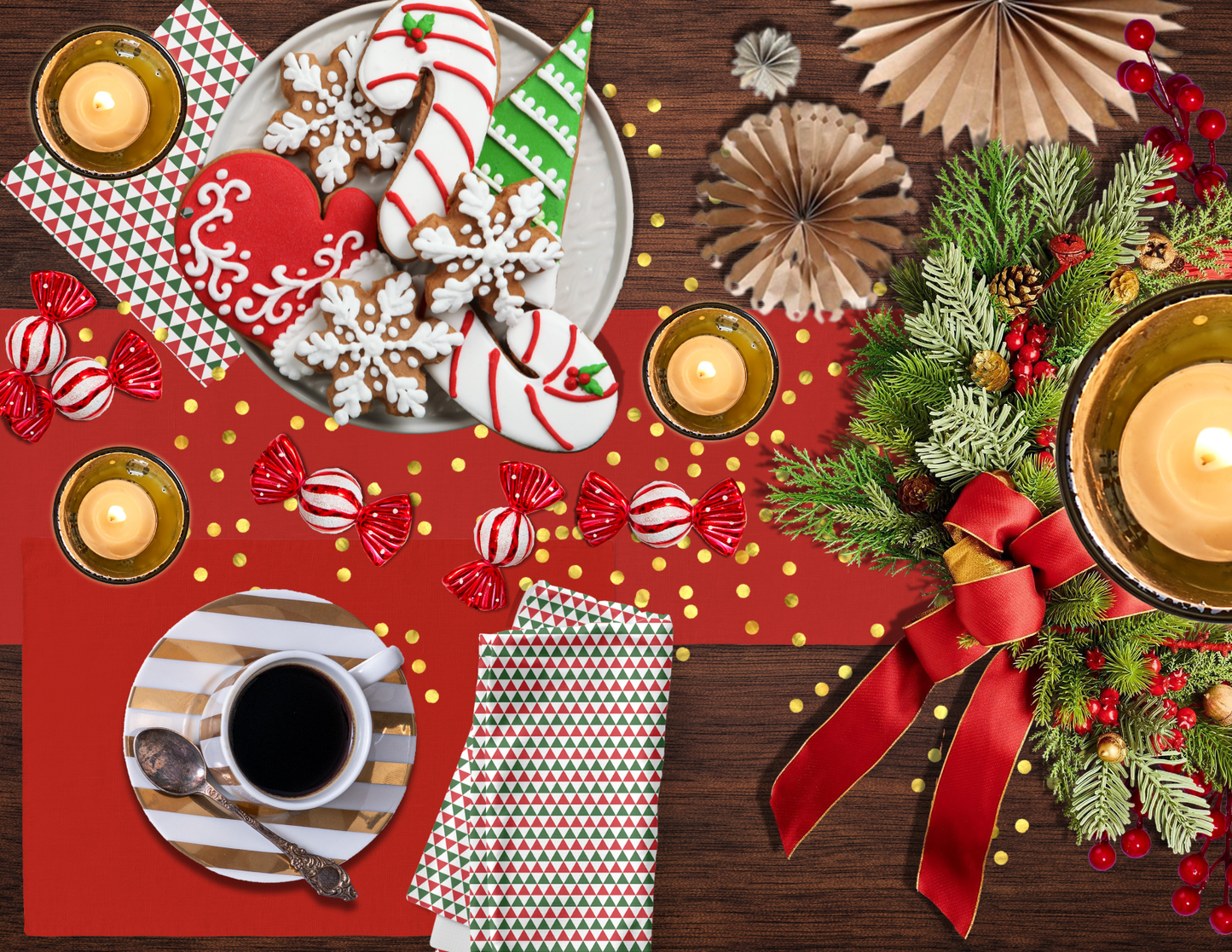 Striped Red & Green Triangle Polyester Napkins | Christmas Holiday Cloth Napkin Set, Festive Farmhouse Dining Décor