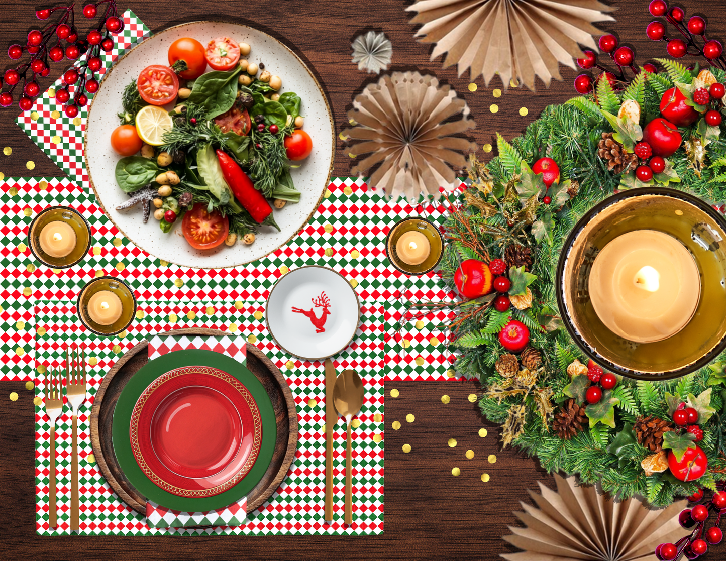 Red Green & White Argyle Polyester Placemats | Christmas Holiday Cloth Dining Mat Set, Festive Diamond Check Décor