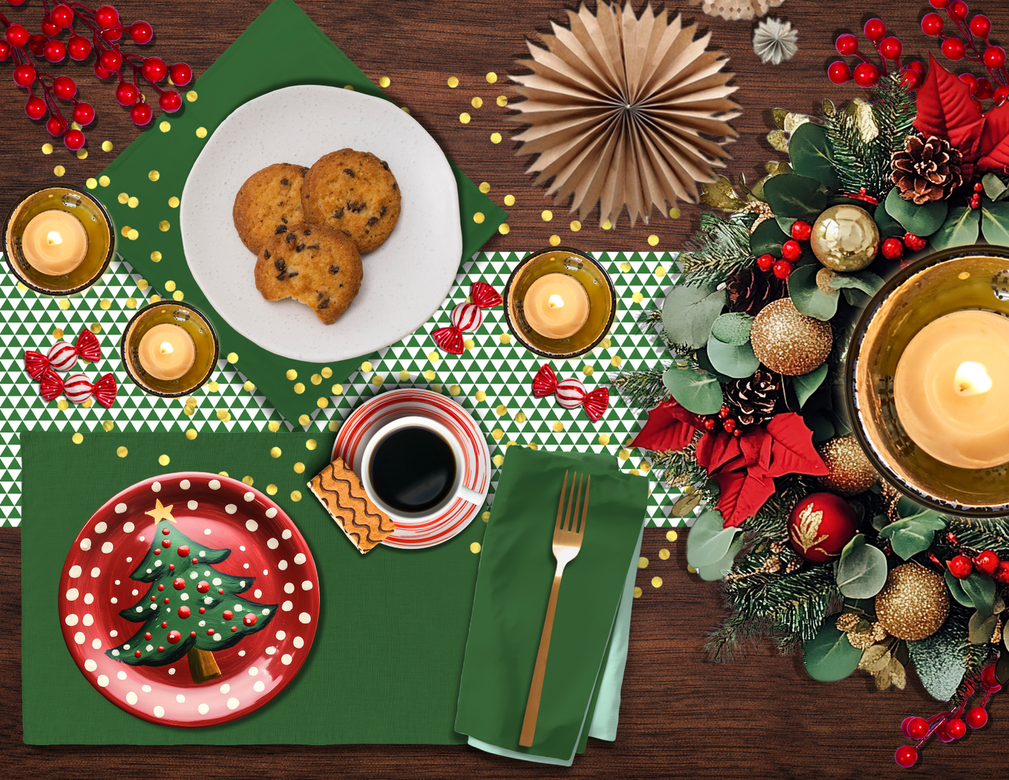 Green Triangle Christmas Table Runner | Bold Holiday Farmhouse Dining Room Décor, Festive Geometric Modern Table Accent